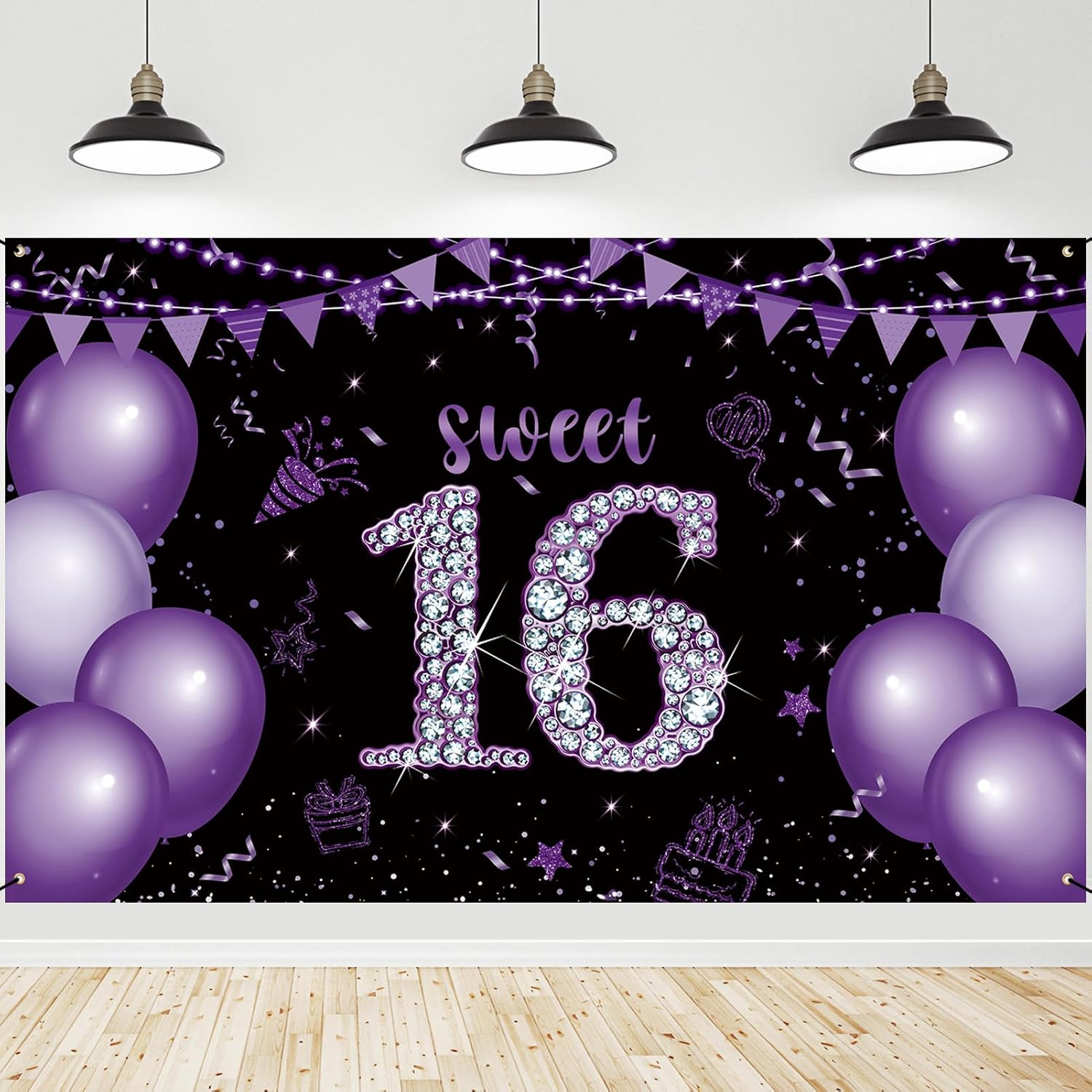 Roetyce Sweet 16 Party Decorations, Black Purple Sweet 16 Banner, 16Th Birthday Decorations for Girls, Sweet 16 Birthday Gifts, Happy 16Th Birthday Backdrop Decor, 16 Years Old Bday Party Supplies image number 2