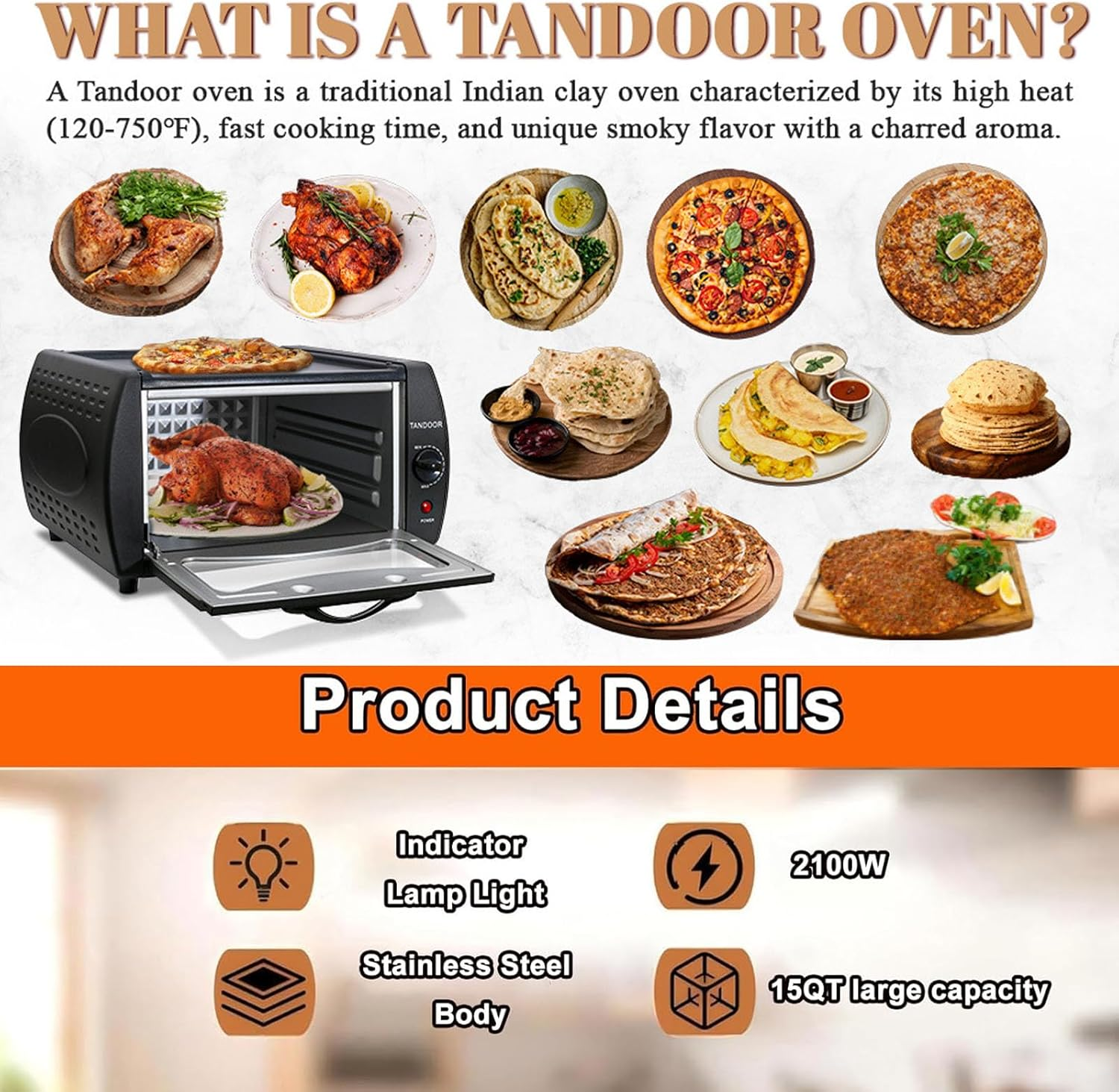 2-In-1 Tandoori Oven, 2100W Electric Tandoor Oven, 15L Mini Pizza Maker, 122&deg;F-752&deg;F Temperature Control, for Home and Takeaways image number 5