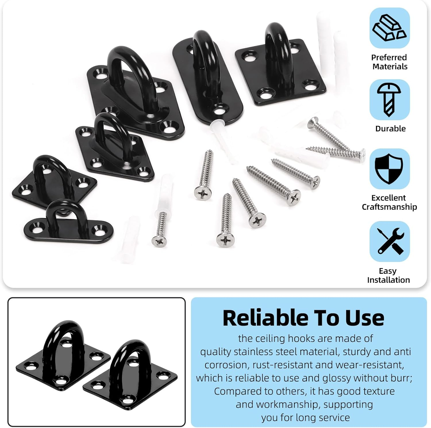 Glarks 36Pcs M5 Stainless Steel Pad Eye Plate Hook Kit, Diamond Eye Plate U Hooks Heavy Duty Ceiling Hooks and Carabiner Clips Snap Hook for Ceiling and Mounting Hanging Hardware image number 6