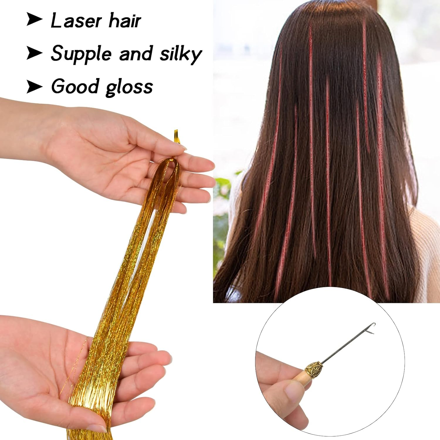 Hair Tinsel 12 Colours Hair Tinsel Strands Kit with Tool, Glitter Strands Hair, Coloured Hair Extensions, Coloured Hair Pieces, Synthetic Hair Extensions, Glitter Hairpieces with Kit Hooks, 120Cm image number 5