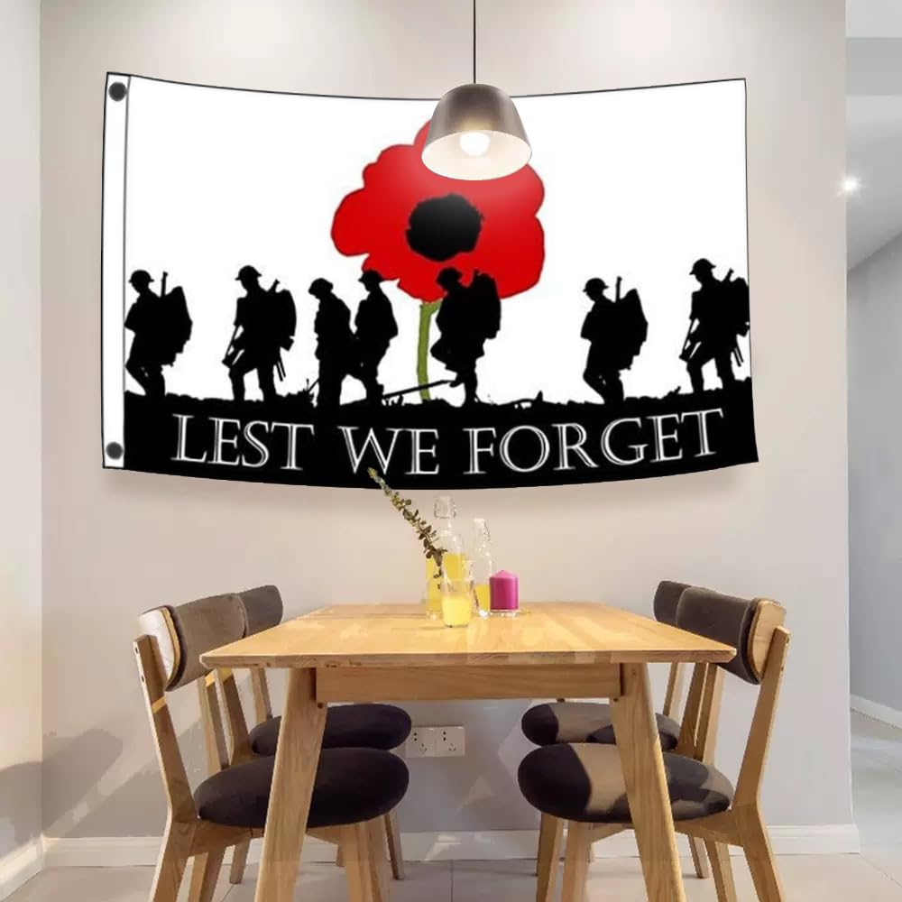 Lest We Forget Army Flag 90 * 150 CM, Remembrance Day Flag, Polyester Thickness, Fade Resistant, Brass Grommets, Canvas Header, Indoor,Outdoor, Vibrant Colors,Not Fear of Rain and Snow