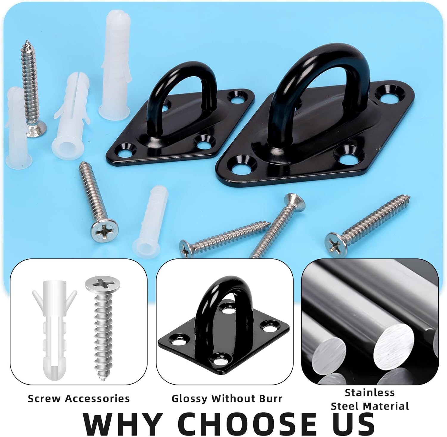 Glarks 36Pcs M5 Stainless Steel Pad Eye Plate Hook Kit, Diamond Eye Plate U Hooks Heavy Duty Ceiling Hooks and Carabiner Clips Snap Hook for Ceiling and Mounting Hanging Hardware image number 5