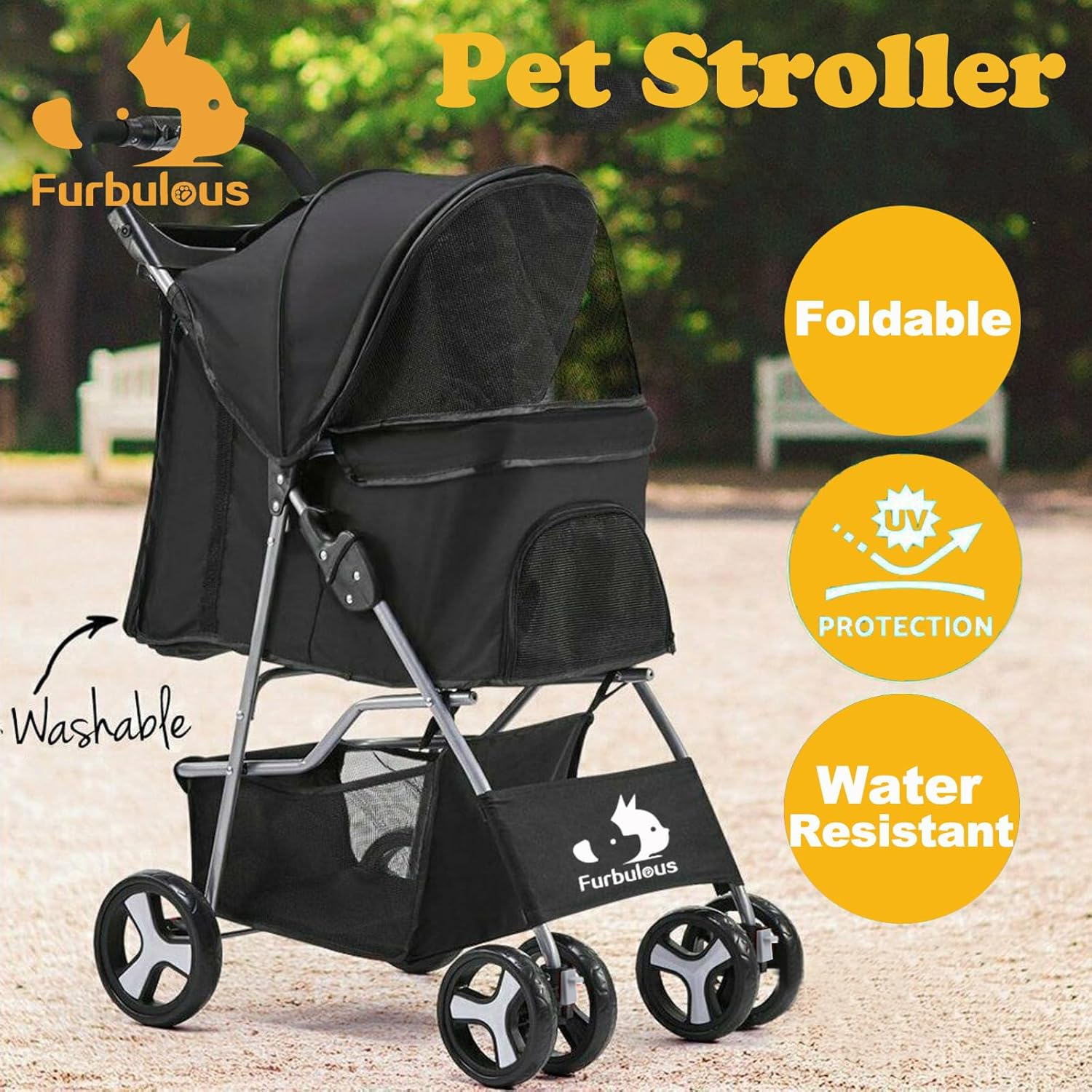 FURBULOUS Pet Dog Stroller, 4-Wheel Foldable Cat Dog Stroller with underneath Storage, Easy to Fold & Unfold, Cup Holder Handle 360&deg; Front Wheel Rear Wheel with Brake for Small Pets - Grey image number 4