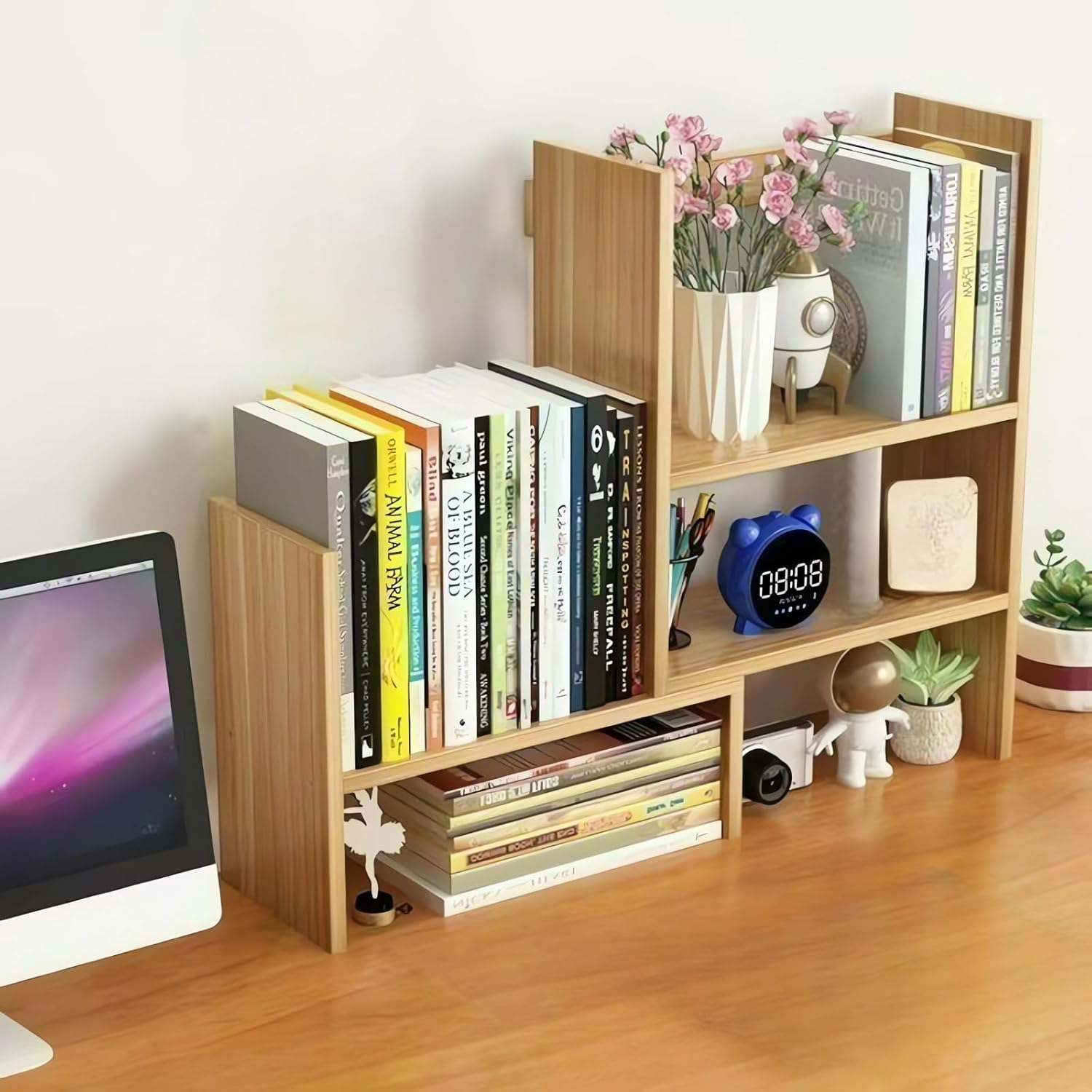 Desktop Bookshelf Organiser, Wood Bookcase, Office Desk Storage Shelf, Adjustable Width 36-72 Cm Bookshelves A292 (E Wood) image number 4