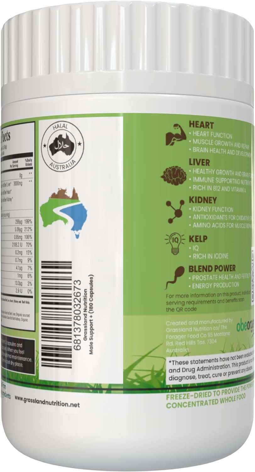 GRASSLAND NUTRITION 100% Organic Australian: Male Support Blend of Beef Organs - B12, Coq10, Iodine (180 Capsules) image number 1