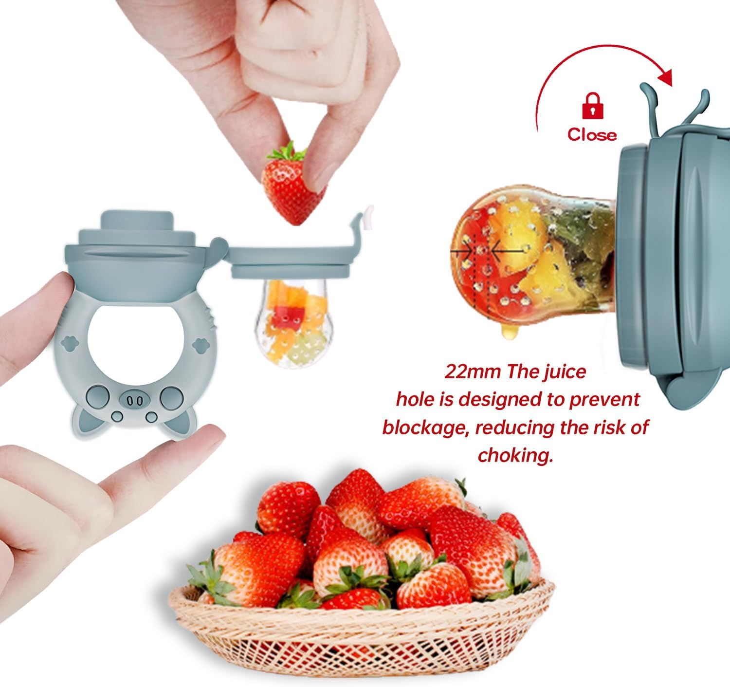 Luleo Baby Food Fruit Feeder Pacifier 3 Sizes Silicone Teats Safe and Hygienic Cap, Self Feeding, Soft Silicone BPA Free, Safe Anti-Choking, Teether Toy for Safe Infant, 4+Month, (Light Blue) image number 3