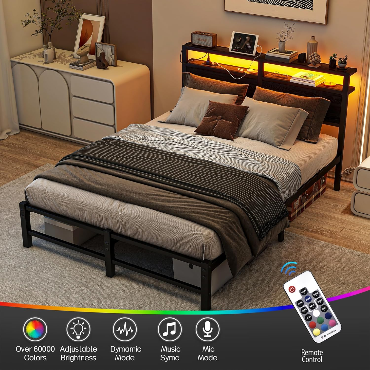 Queen Bed Frame with LED Lights Storage Headboard,Queen Bed Frame with Charging Station,Heavy Duty Metal Platform Bed Frame,No Box Spring Needed,Noise Free,Strong Metal Slats Support,Black image number 1