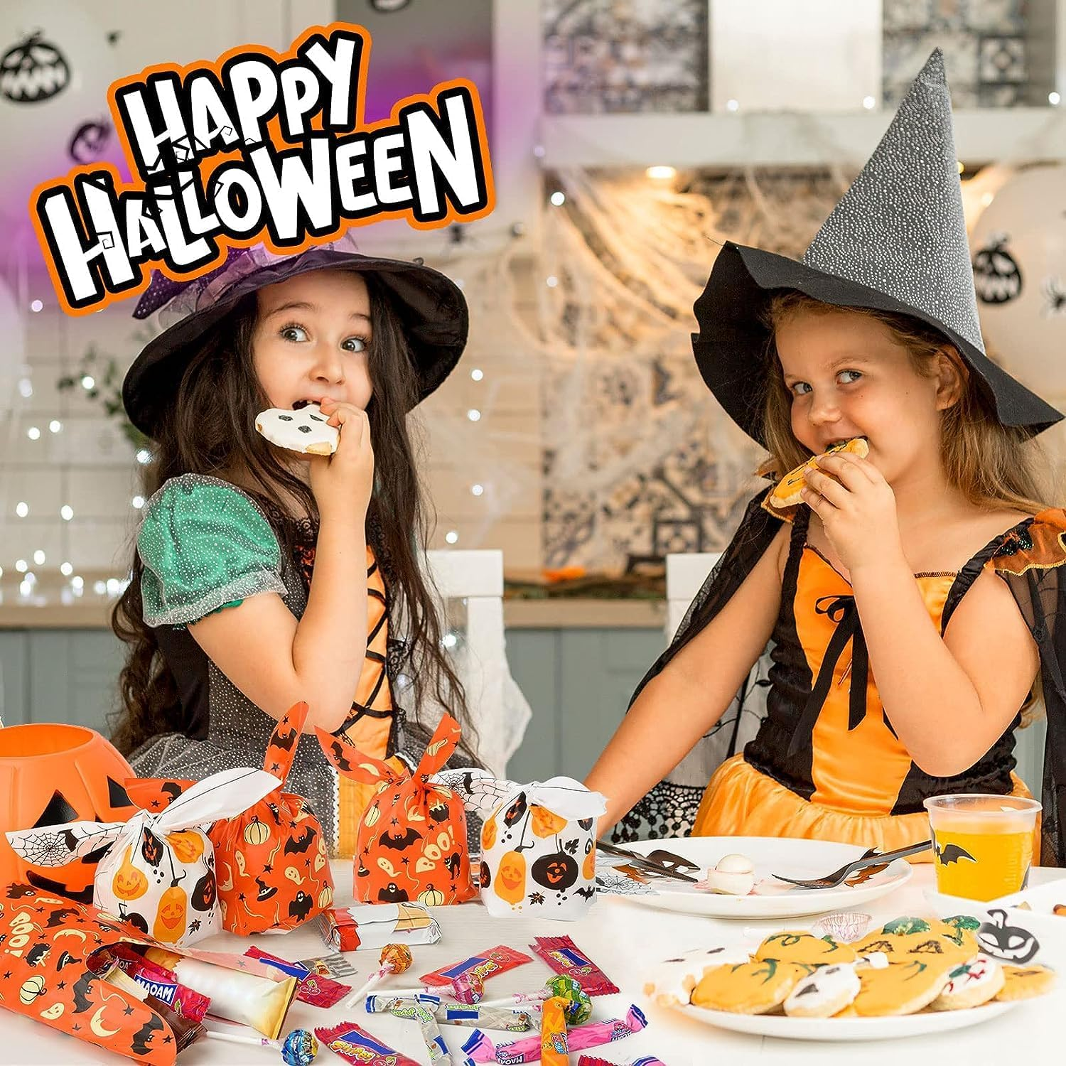 70Pcs Candy Bags for Halloween Party - 7 Designs Plastic Small Goodie Bags for Kids Trick or Treat image number 1