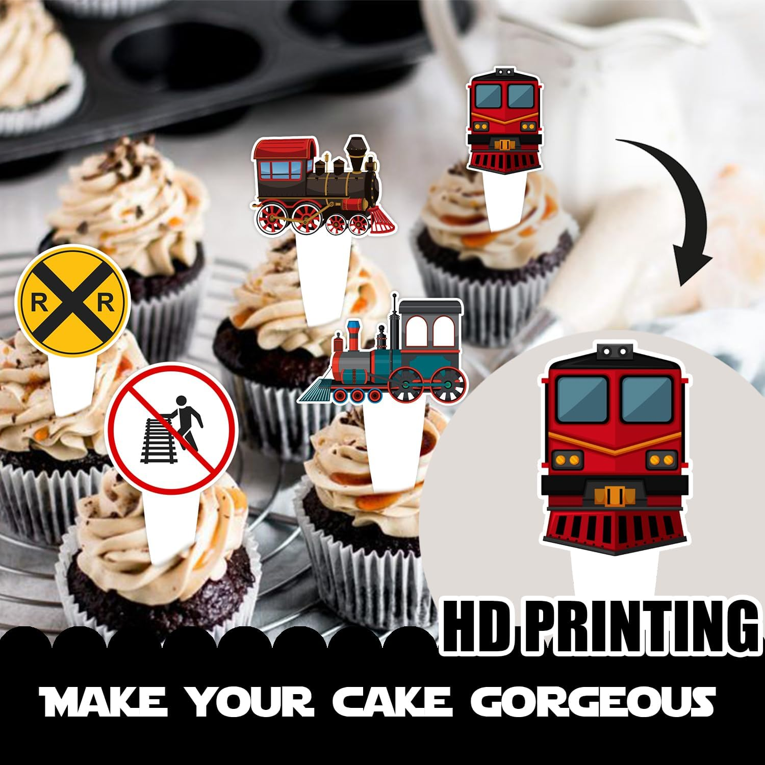 Dessert Cupcake Topper Cheer to Transportation Train Railroad Crossing Theme Decor Supplies Baby Shower Children Boy Girl Happy Birthday Party Decorations Set 24Pcs image number 6
