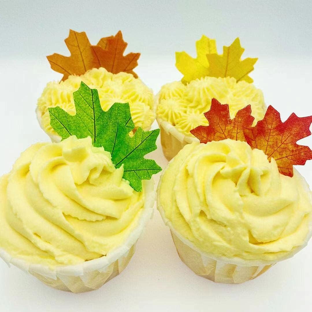 74Pcs Edible Fall Leaves Cake Cupcake Toppers for Baking Food Ice Cubs Rice Paper Autumn Maple Leaveswedding Happy Birthday Party Mixed 2 Size 4 Color image number 1