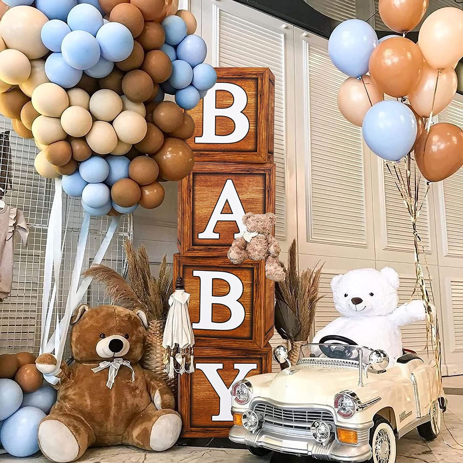 Baby Shower Boxes for Birthday Party Decorations - 4 Wood Grain Brown Blocks with BABY Letter, Printed Letters,First Birthday Centerpiece Decor, Teddy Bear Baby Shower Supplies, Gender Reveal Backdrop - Brown image number 4