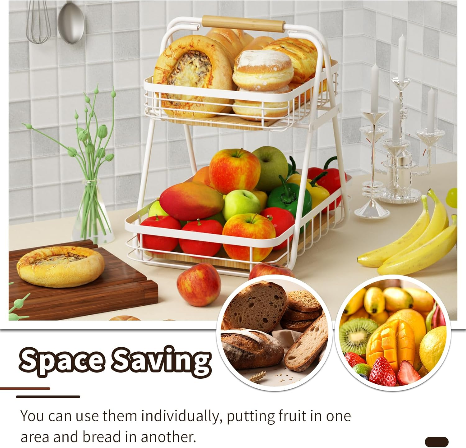 KKC White 2 Tier Fruit Basket for Kitchen, Countertop Fruit Vegetable Basket Bowl for Kitchen Counter Metal Wire Storage Basket Fruits Stand Holder Organizer for Bread Snack Veggies Storage image number 5