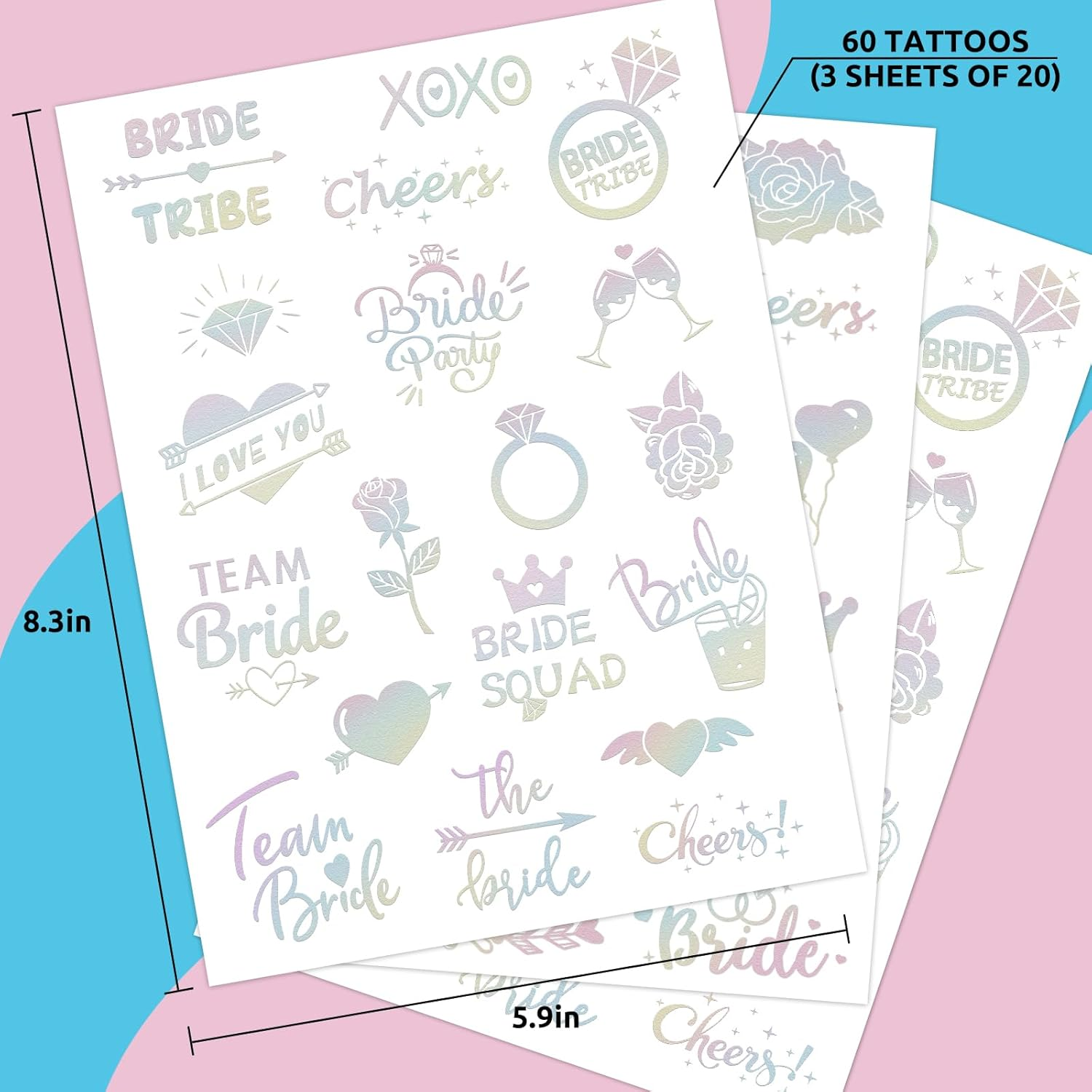 Cheers Bachelorette Temporary Tattoos, 60 Styles Bride Glitter Temporary Tattoos, Bachelorette Party Decorations, Bridesmaid Favor + Bride to Be + Diamonds, Fake Tattoos image number 3