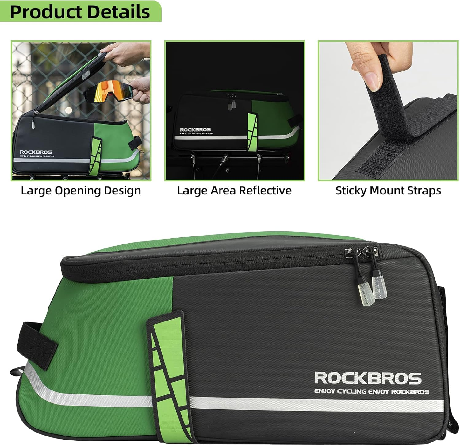 ROCKBROS Bike Rear Rack Bag Bike Trunk Bag Reflective Bicycle Rear Seat Saddle Bag Cycling Luggage Panniers with Shoulder Straps, Green Rain Cover image number 5