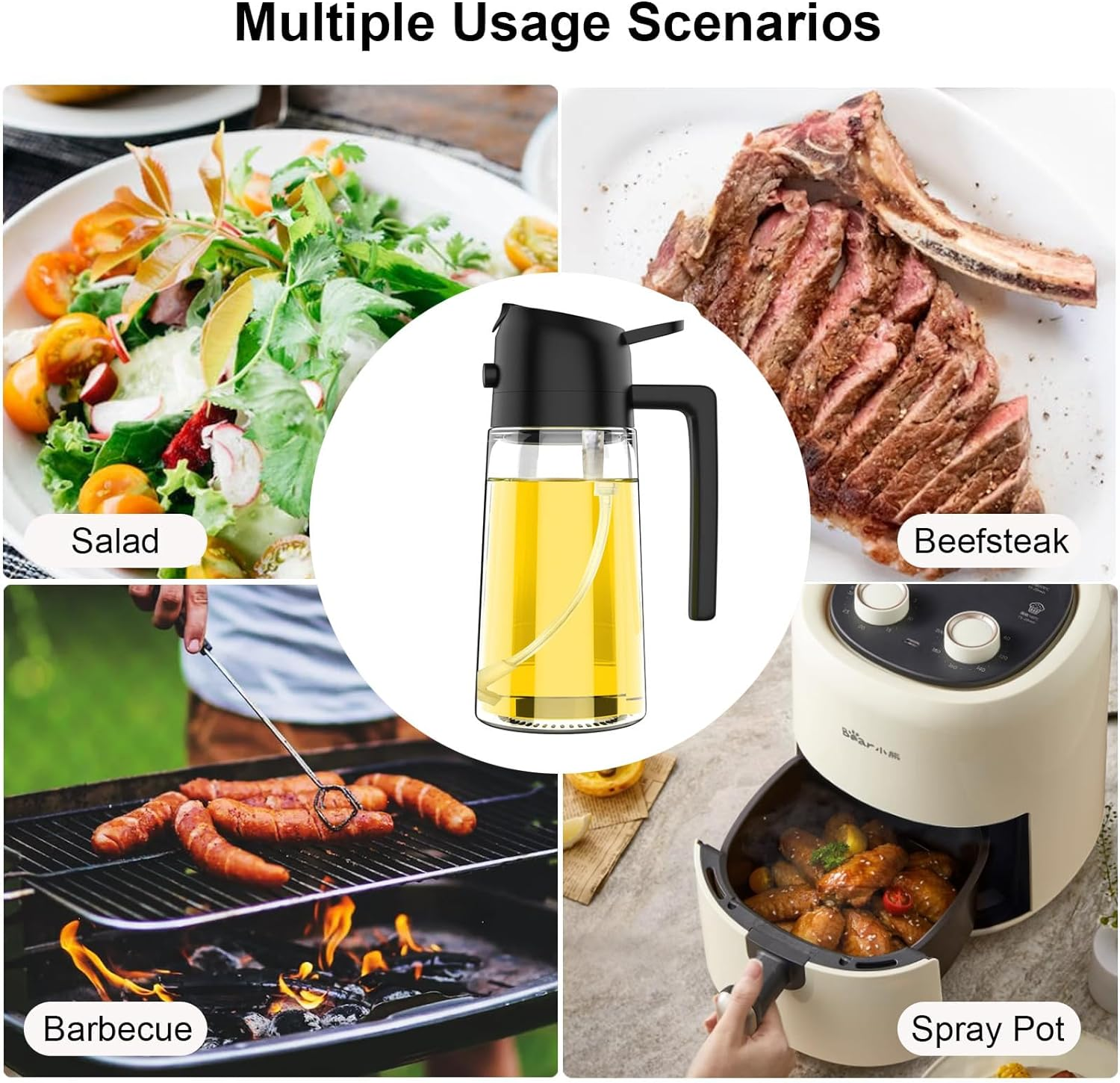 AXIM Olive Oil Dispenser Bottle,2 in 1 Oil Sprayer for Cooking,17Oz/500Ml Glass Oil Spray Bottle with Pourer for Kitchen, Salad, Barbecue (2 Pc,Black+White) image number 3