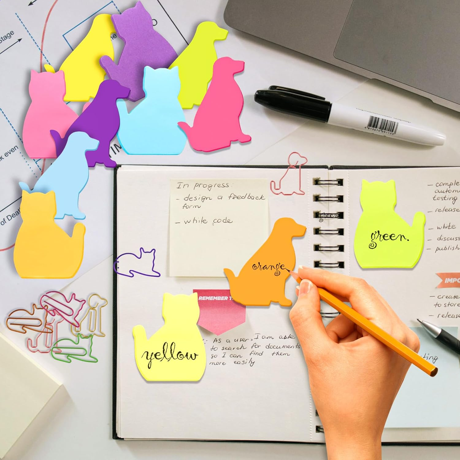 390Pcs Cat Sticky Notes Animal Sticky Notes with 14 Pcs Cat and Dog Paper Clips Cute Dog Sticky Notes Colorful Self-Stick Note Pads(7 Color) image number 4