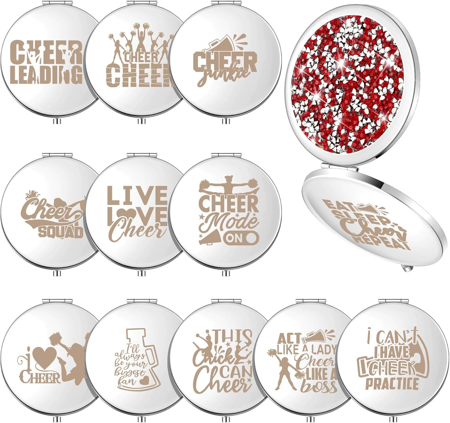 Sintuff 12 Pcs Cheer Gifts for Cheerleaders Cheerleading Compact Mirror Bulk Cheer for Coach Cheerleader Gifts Folding Pocket Cosmetic Purse Mirror for Cheer Team Mirror Accessories (Red, Silver)