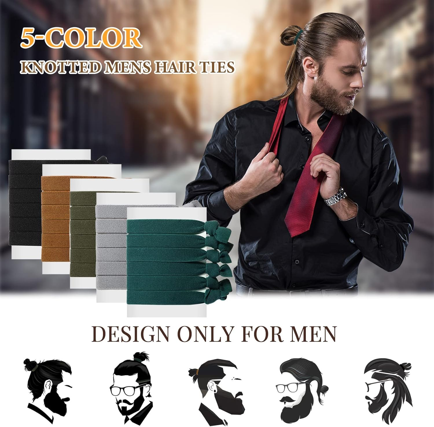 Juexica 30 Pcs Knotted Mens Hair Ties, Elastic Flat Man Bun Hair Tie for Men, Hair Ties for Long Curly Long Hair (Multicolored) - Black image number 5