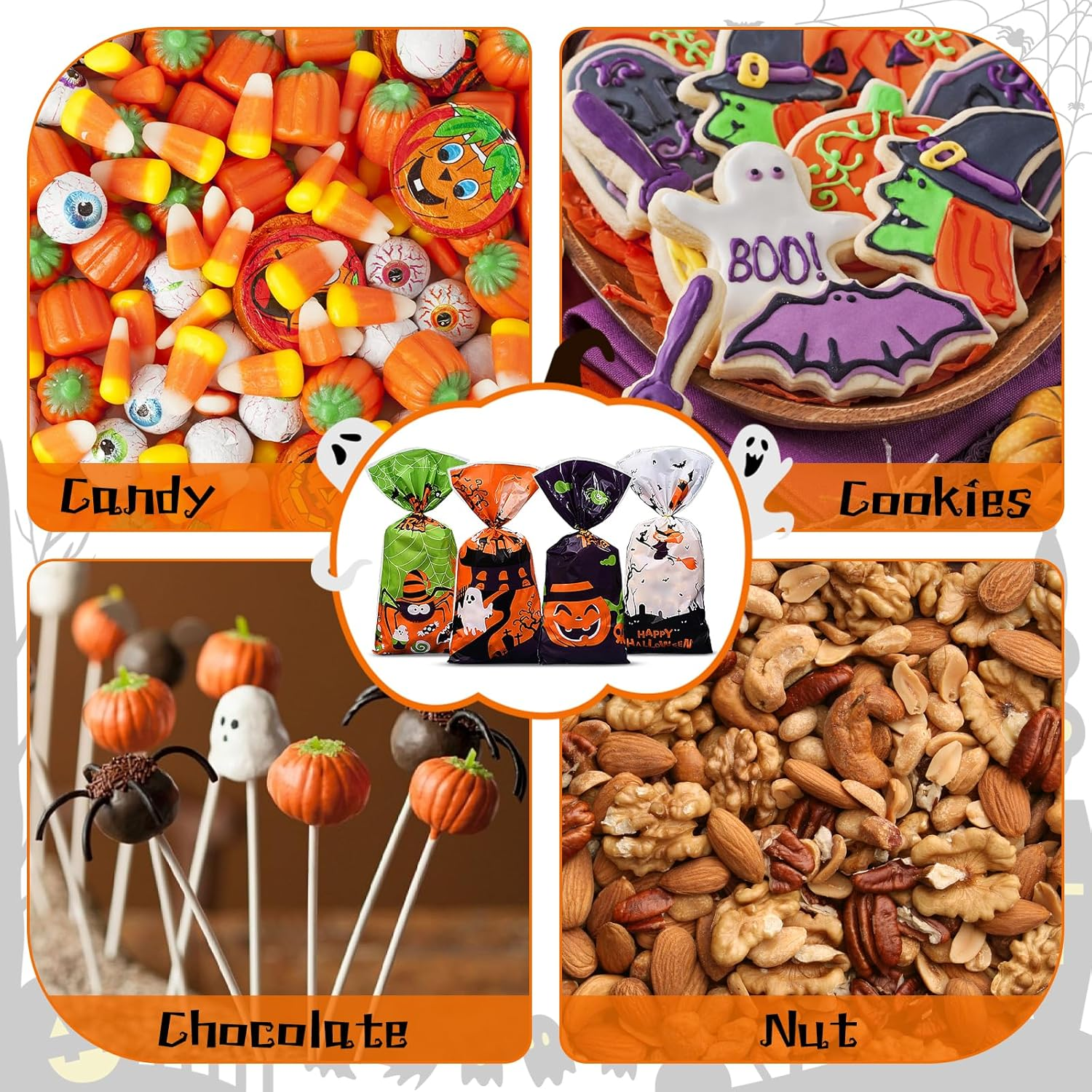 Ninonly 200 Pcs Halloween Candy Bags, Bat Pumpkin Spider and Witch Halloween Cellophane Bags, Plastic Treat Bags with 200 Pcs Twist Ties for Snacks Cookies Halloween Party Favors Supplies