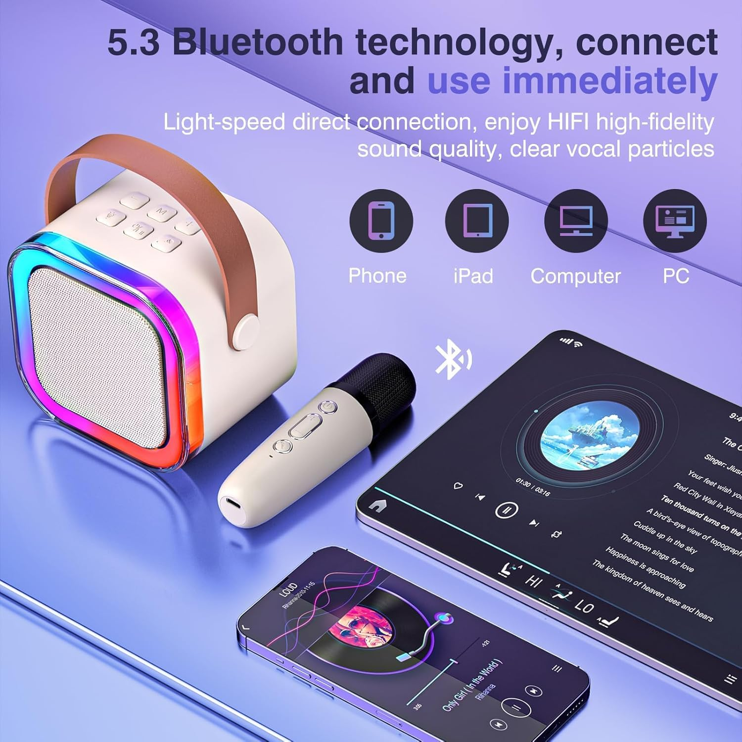 Mini Karaoke Machine with 2 Wireless Microphones, Portable Bluetooth Karaoke Speaker and Microphones for Family or Friends, Birthday Gifts for Girls Boys Family Home Party(Beige) image number 1