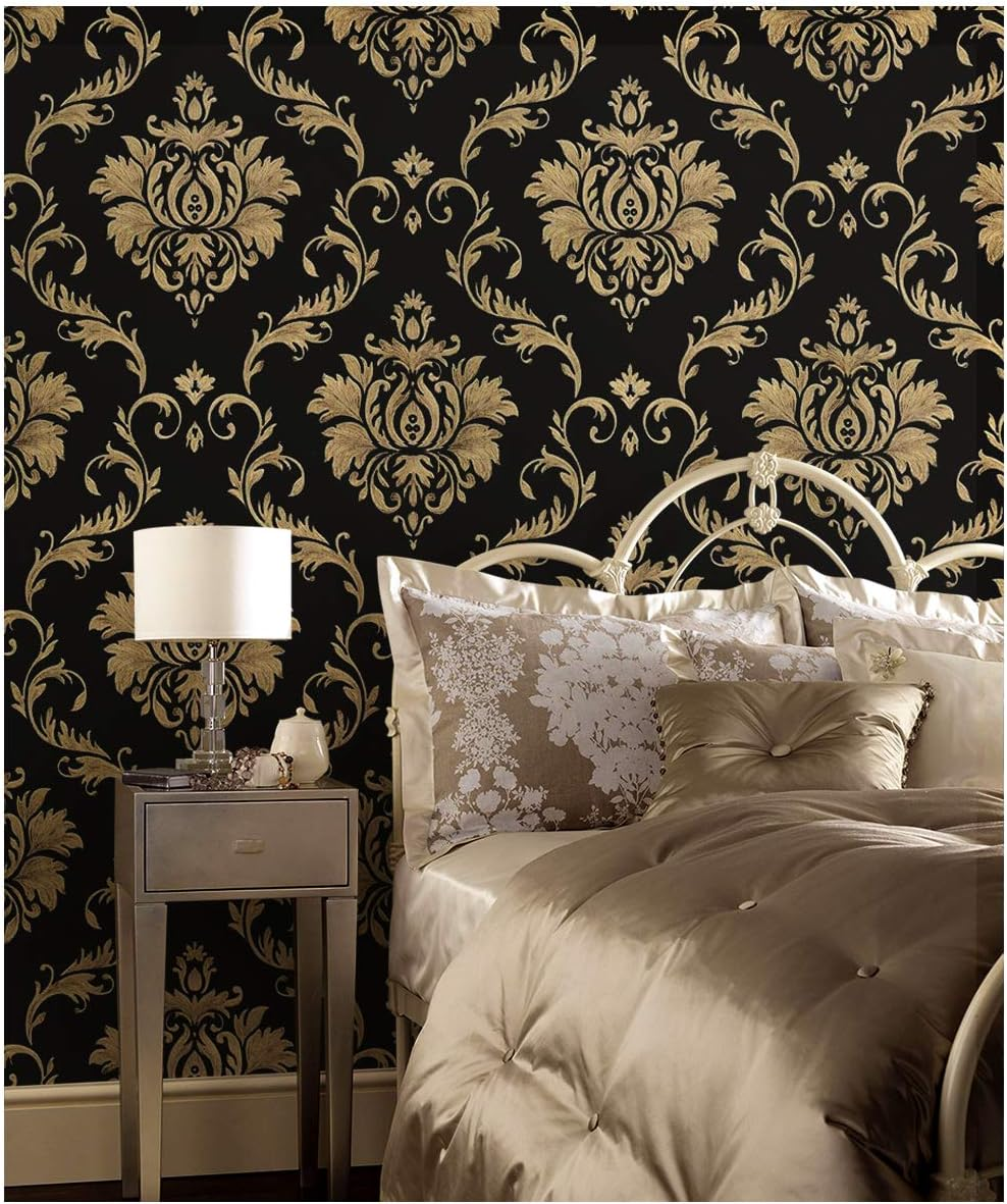 JLHOUSE 1301-3 Vinyl Black and Gold Damask Victorian Wallpaper Peel and Stick Contact Paper Removable Textured for Bedroom Livingroom D&eacute;cor 45Cm X 300Cm image number 3
