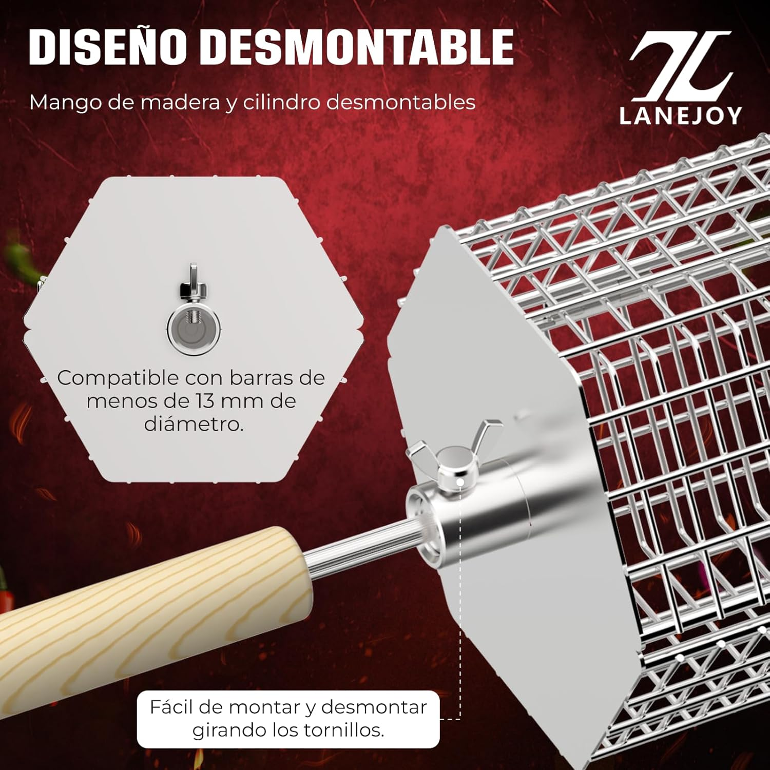 LANEJOY Rolling Grill Baskets with Removable Handle (Hexagonal), 2 PCS Stainless Steel Rolling Grilling Basket for Outdoor Grill, Portable Grill Nets for Vegetable Shrimp Chicken, Barbecue Accessories image number 5