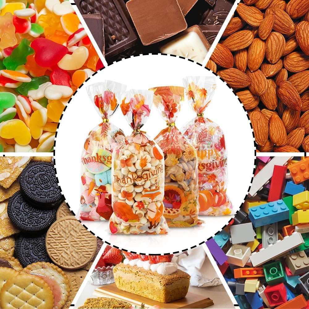 Thanksgiving Treat Bags 100 Pack - Fall Cellophane Goodie Bags with Maple Leaves Pumpkin Design - Candy Gift Bags with Twist Ties for Autumn Party Favor Supplies Decoration image number 1