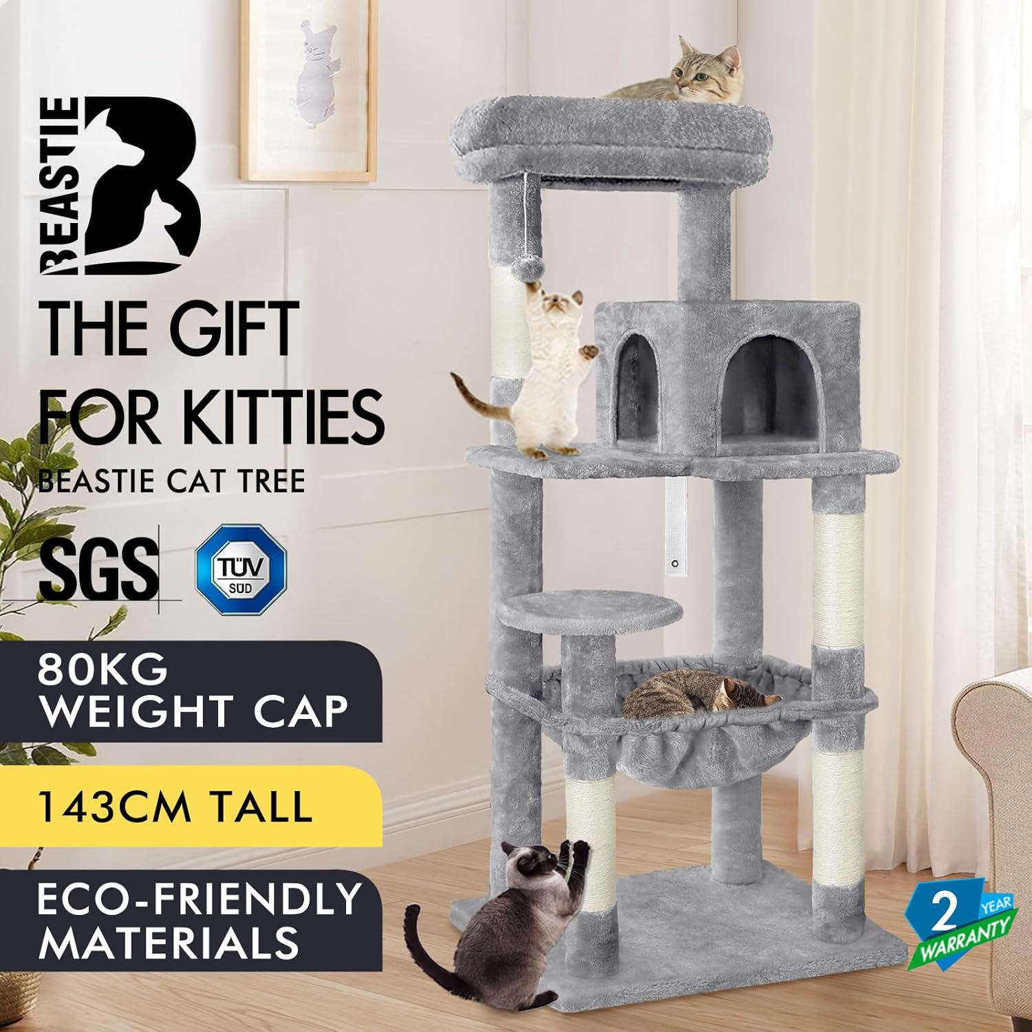 BEASTIE 143Cm Multi-Level Cat Tree Tower with Scratching Posts, Sisal-Covered Cat Condo Play House Wood Furniture with Plush Perch, Light Grey Cat Scratcher Tower for Kittens Climbing and Rest image number 1