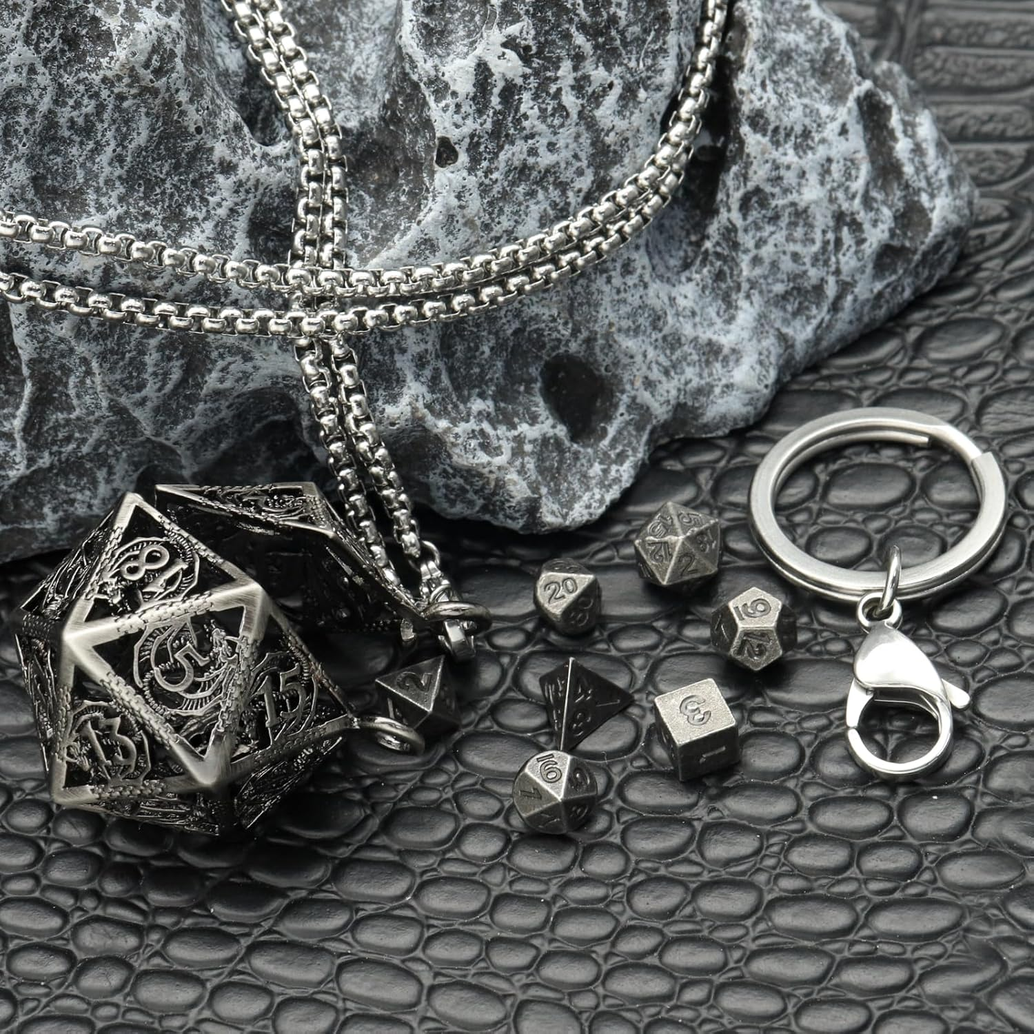 PJOY Mini Dice Set Tiny DND Dice with Necklace Stailess Steel Case D&D Portable 7PCS Keychain Metal Dice Set for Role Playing Dice Games as Dungeons and Dragons Gifts, Metal, No Gemstone image number 3