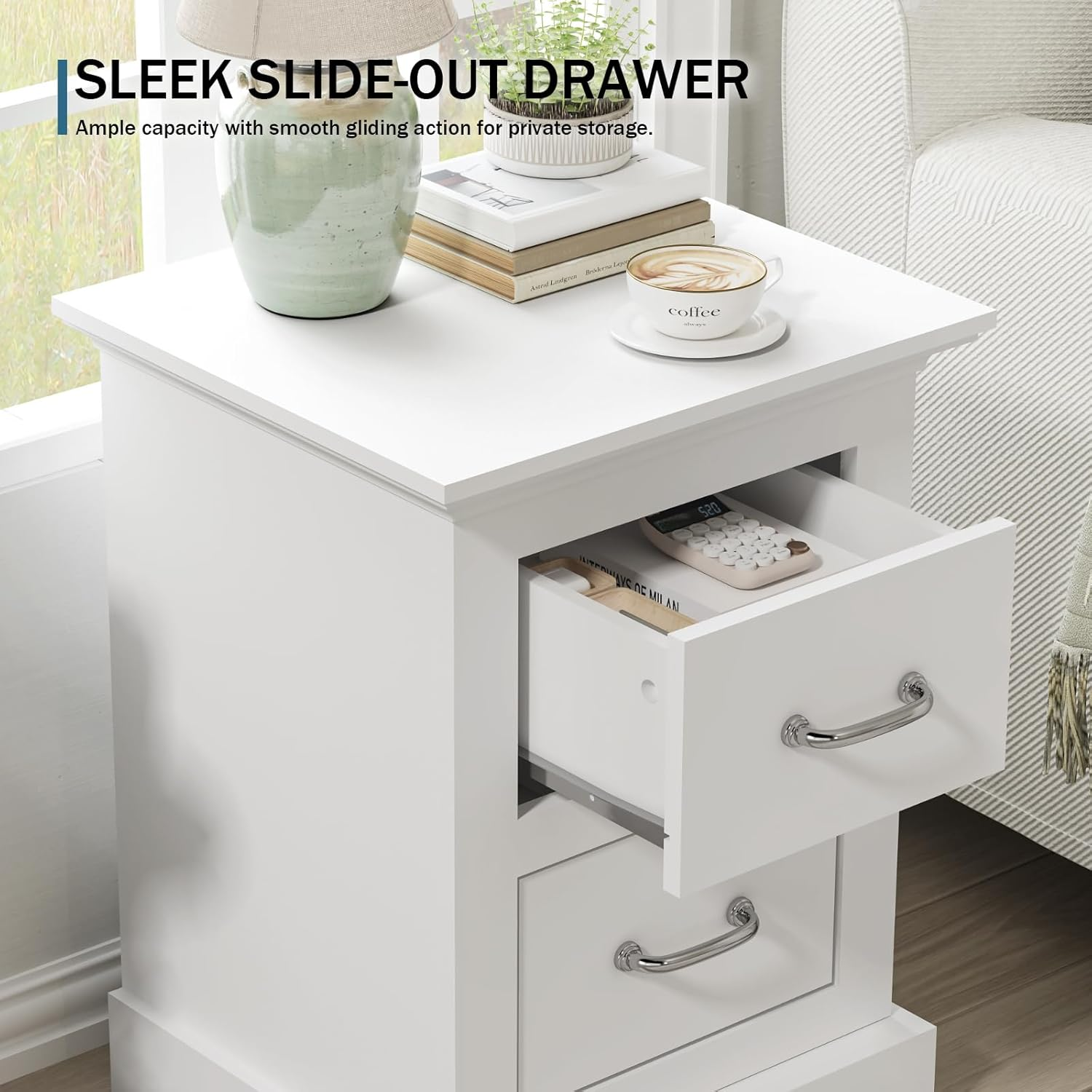 Merryluk White End Table with Dresser, Storage Sofa Side Table, Large Nightstand with Storage for Living Room, Bedroom image number 5