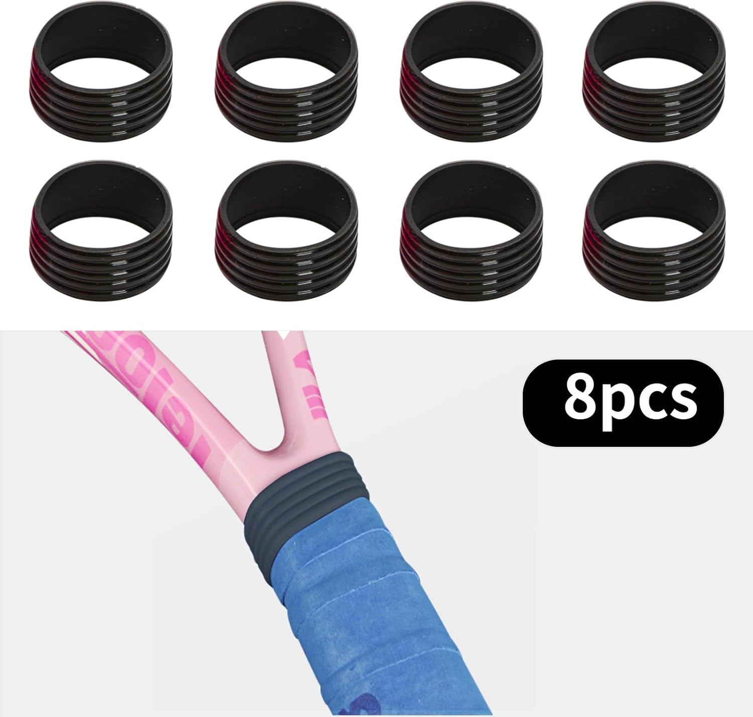8 Pack Tennis Racket Rubber Grips Rings anti Slip Bands for Badminton Grip Replacement Rubber Shock Absorbing Rings for Table Tennis Squash Racquet Control Sports Accessories - Black image number 5