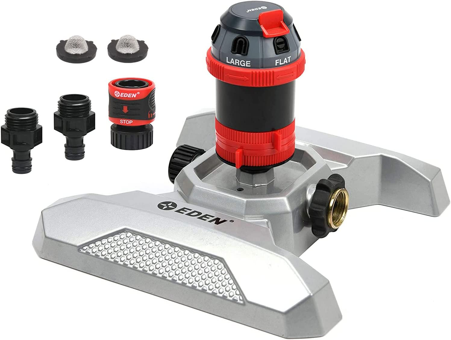 Eden 96122 Metal Adjustable 6-Pattern Mobile Rotary Gear Drive Garden Sprinkler for Yard W/Quick Connect Starter Set, Waters up to 80 Ft. in Diameter image number 1