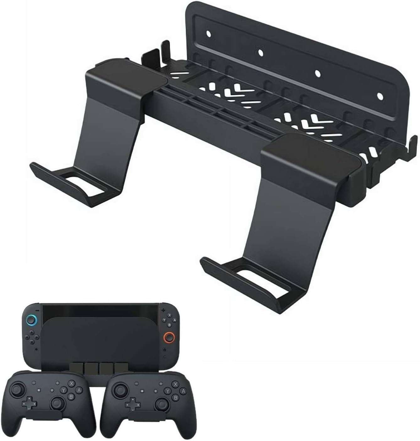 Wall Mount Bracket for Switch 2/Switch, Game Console Storage Rack with Controller Holders and Hook, Black image number 2