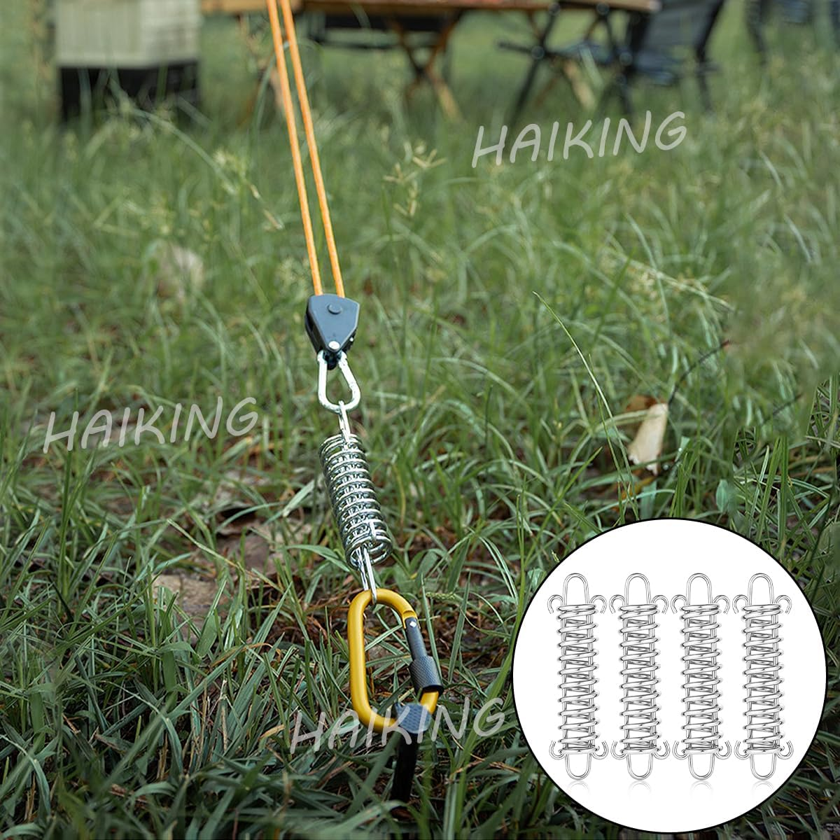 Tent Fixed Buckle, 4 PCS Silver Stainless Steel Spring Wind Rope Buckle Tent Accessories for Outdoor, Camping, Travel (3.5 X 12Cm/1.37 X 4.72In) image number 1