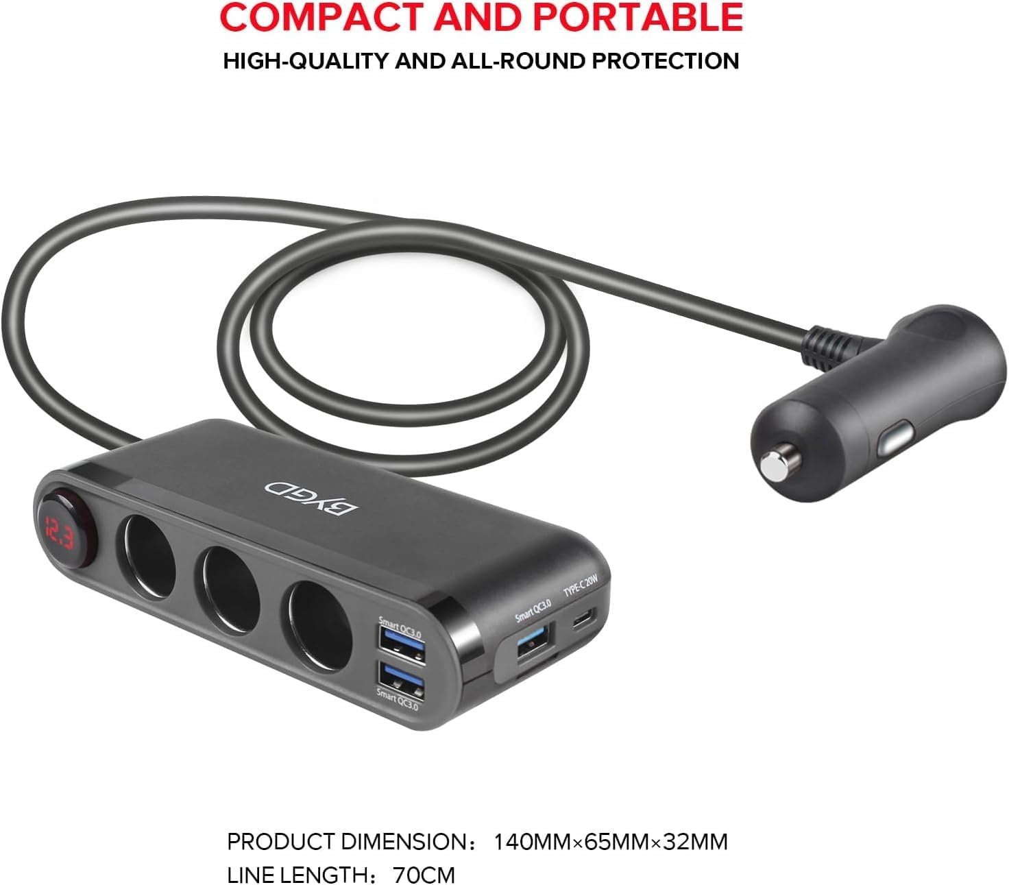 Quick Charge 3.0 and USB C Charger 20W Car Cigarette Lighter Adapter 200W High Power 12V/24V Car Splitter with 3 Socket Cigarette Lighter Splitter with Multifunction Charger image number 3