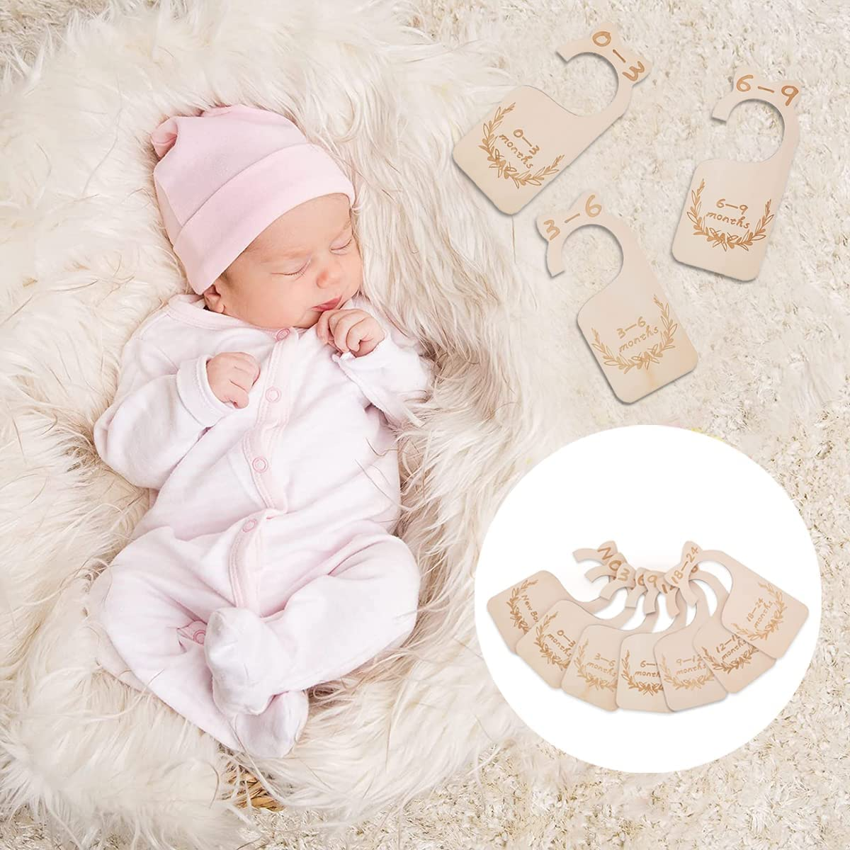 Baby Closet Size Divider, 7 Pcs Wooden Baby Closet Hanging Nursery Wardrobe Divider Hangers for Newborn Infant to 24 Months