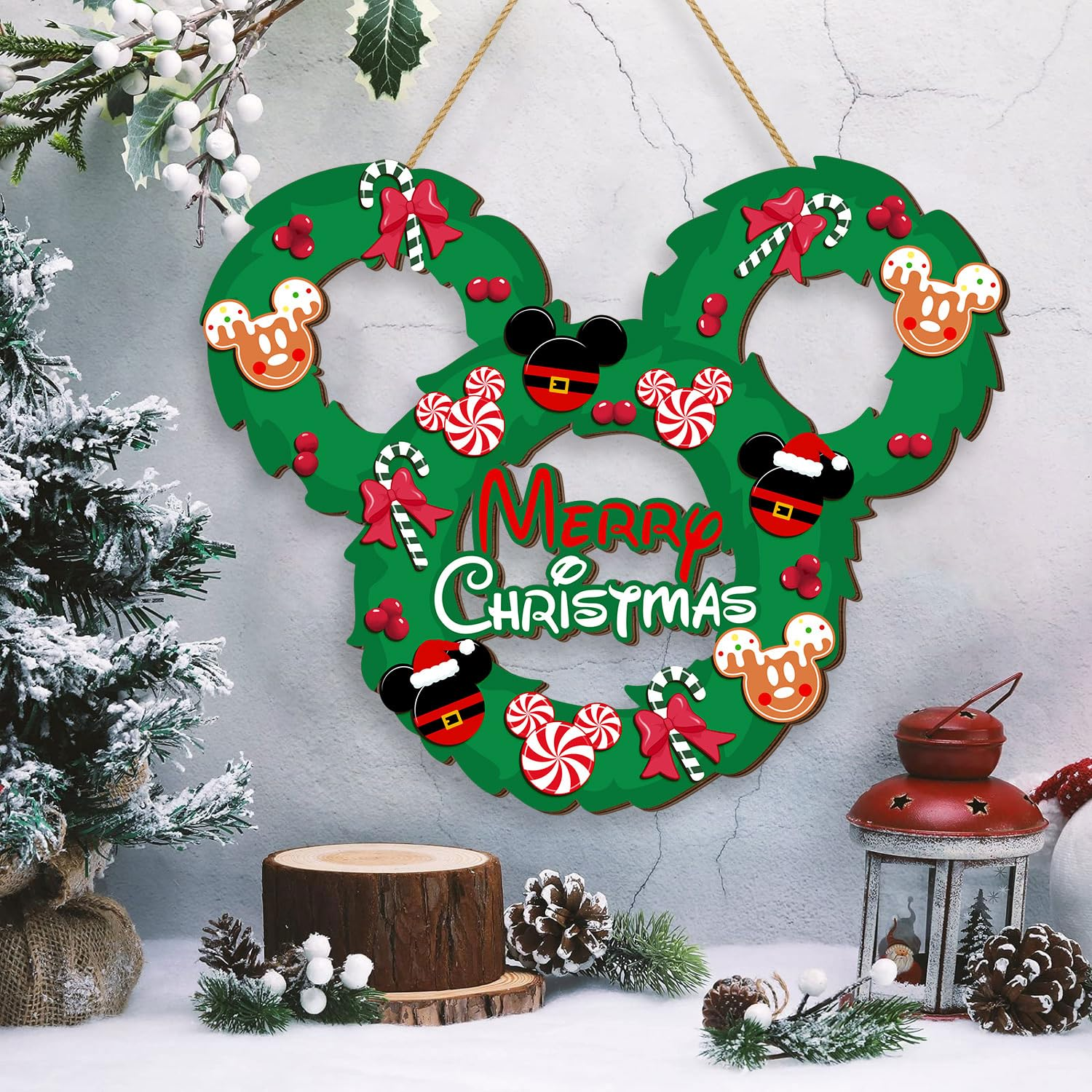 Christmas Mouse Door Sign Decorations, Merry Christmas Wooden Door Hanging Sign Wreath Ornaments for Front Door Decor Peppermint Candy Mouse Shaped Winter Wall Xmas Party Holiday Supplies Green image number 6