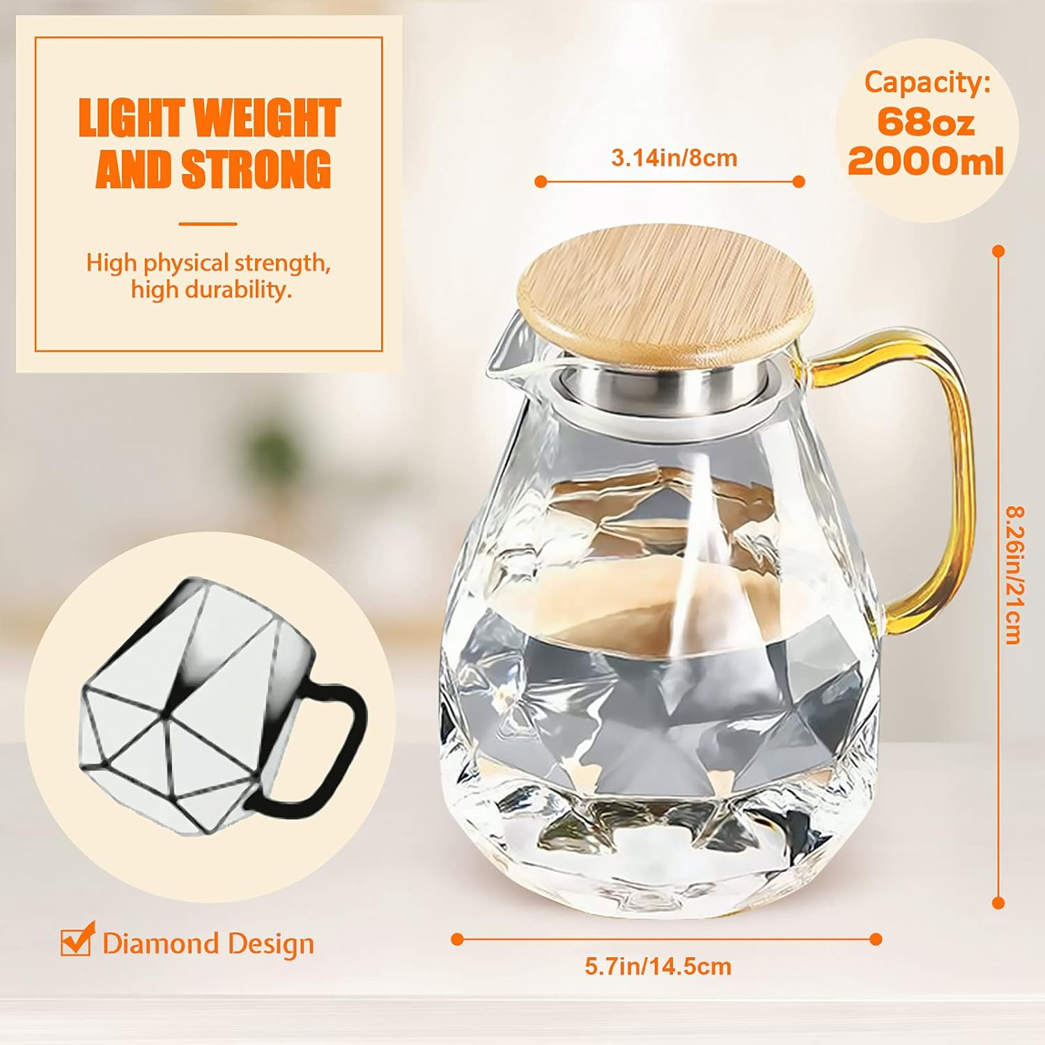 DUJUST Glass Pitcher with Lid [68 Oz], Elegant Diamond Design Water Pitcher with Handle, Decoration for Room, High Durability Water Glass Carafe for Ice Tea Maker, Beverage, Hot/Cold Coffee