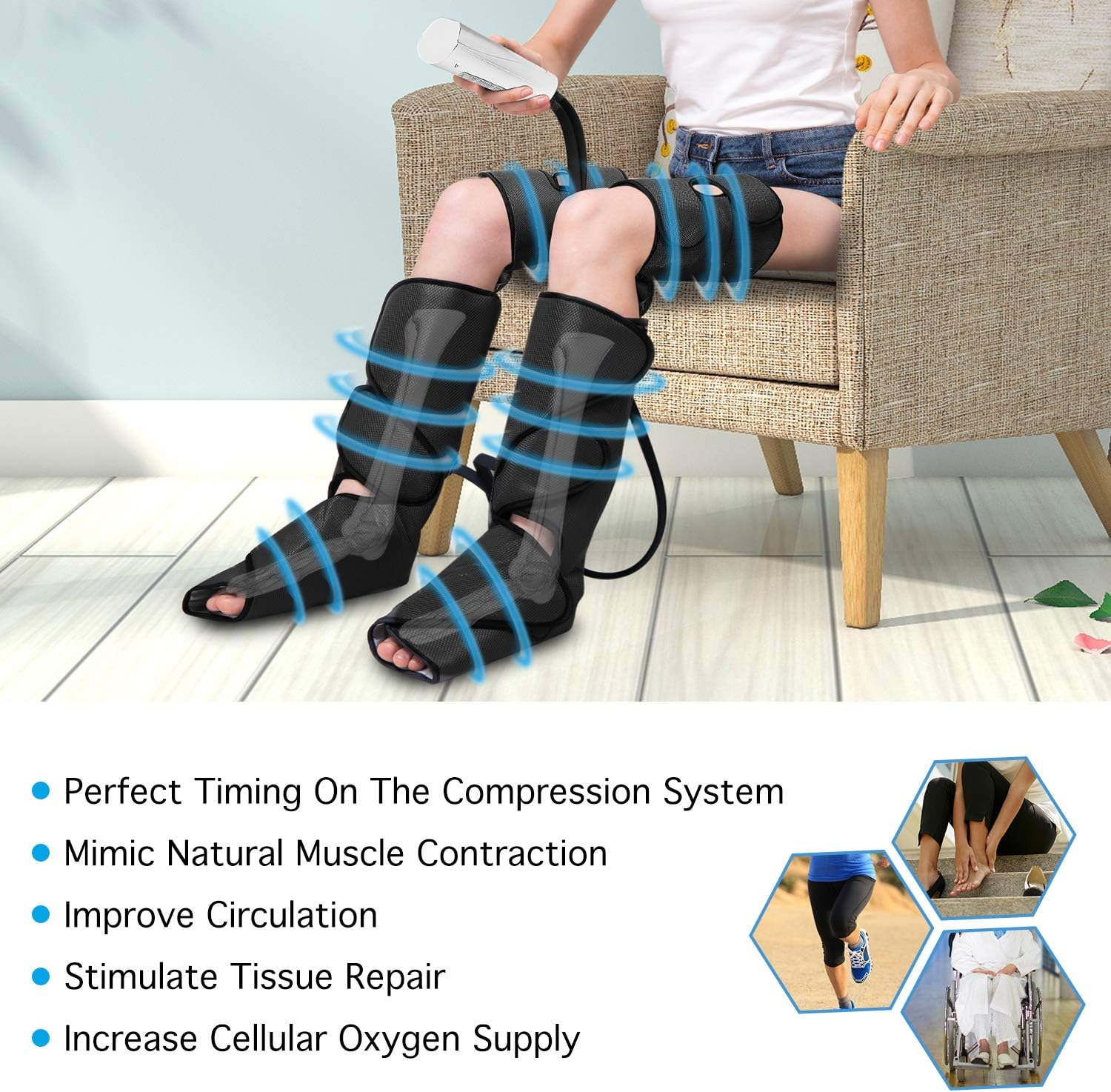 CINCOM Leg Massager for Circulation and Pain Relief, Air Compression Foot Calf Thigh Massage, Full Leg Massager 3 Modes 3 Intensities 2 Extenders