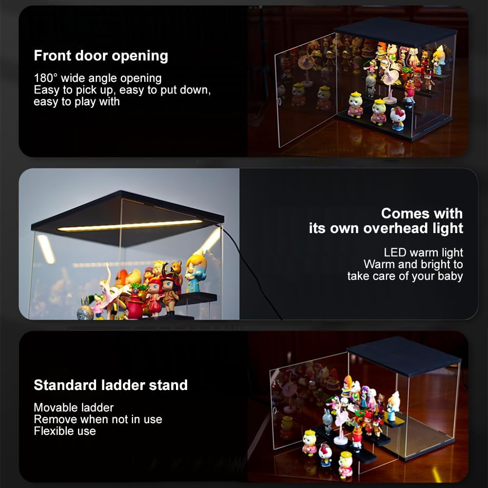 Clear Acrylic Display Case with 3-Color Light,4 Level Stand Display Box with Wooden Base Countertop Dustproof Showcase for Display Collectible Pop Figures and Toys,Toys Not (4 Tier Black) - 4 Tier Black image number 2