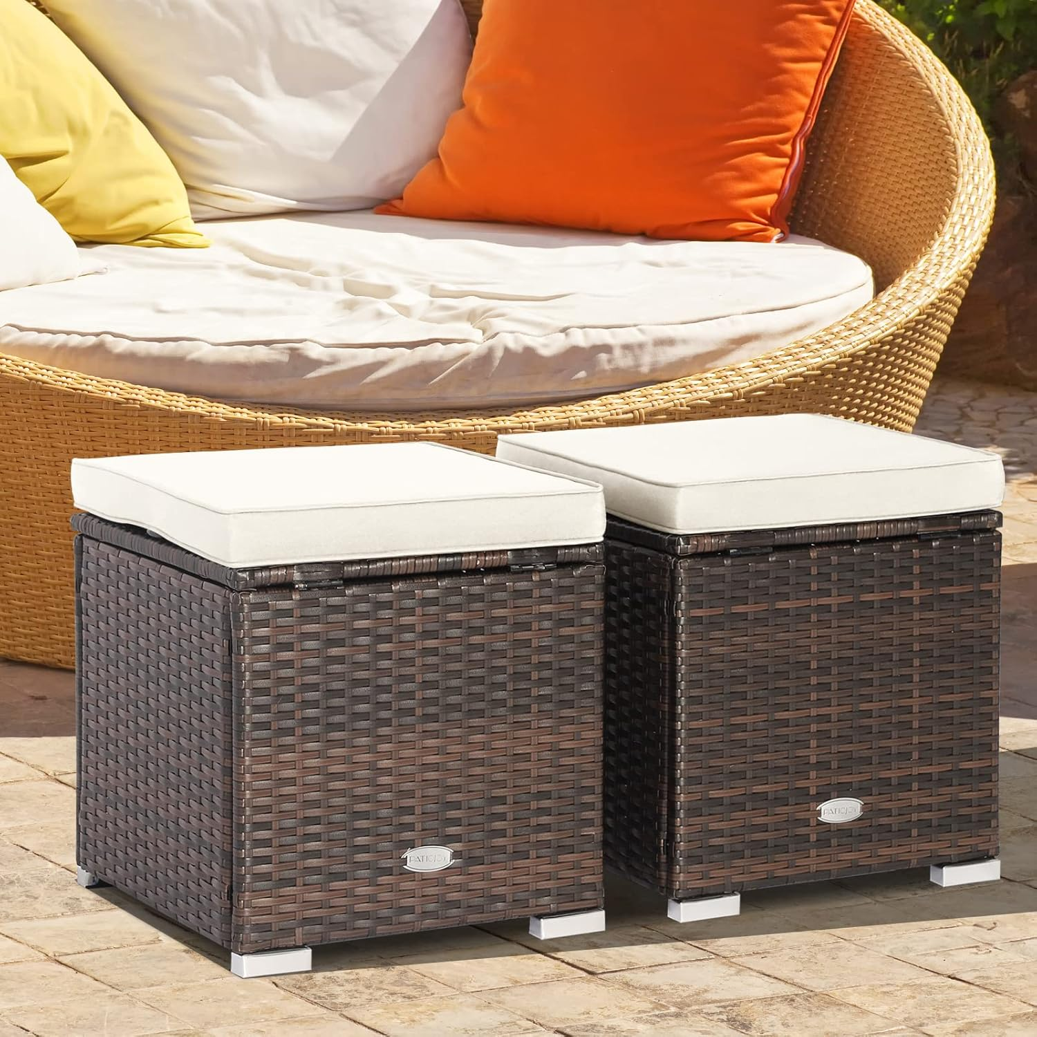 Costway 2-Pieces Patio Ottomans, Outdoor Hand-Woven PE Rattan Side Table W/Removable Cushion & Hidden Storage Space, Footrest, Storage Box, Seat for Patio, Backyard, Poolside (White (Cushion)) image number 4