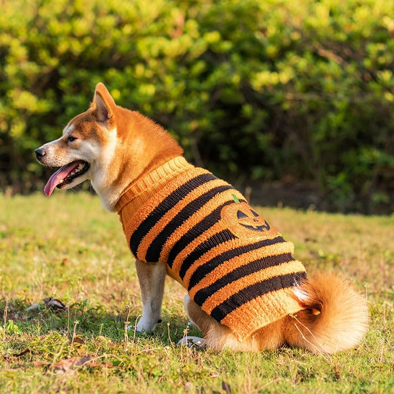 Halloween Dog Sweater Striped Turtleneck Puppy Cat Sweaters with Leash Hole Soft Warm Fall Winter Dog Clothes Cute Pumpkin Sleeveless Dog Sweatshirt for Small Medium Large Dogs (Orange, M) image number 1