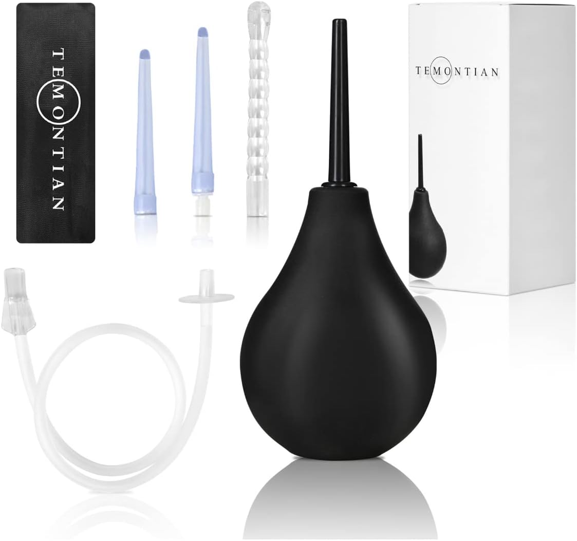 Enema Bulb Kit ， Douche for Men Women Beginners， with 19.7In Hose+4 Nozzles (Black)
