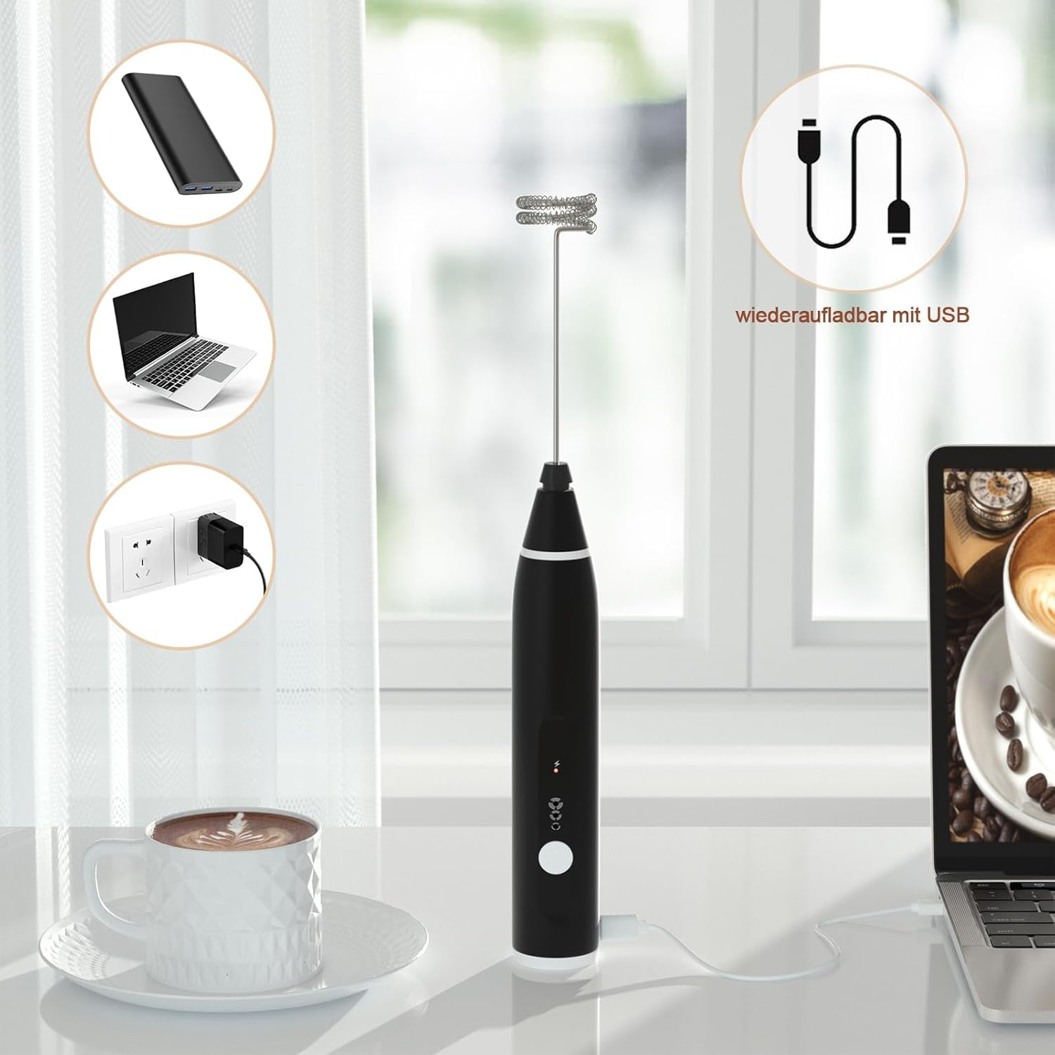 Milk Frother Handheld, FITNATE Rechargeable Electric Foam Maker Drink Mixer 3 Speeds with 2 Stainless Steel Whisks, Frother for Coffee, Hot Chocolate, Latte, Cappuccino,Includes Frother Cup image number 6