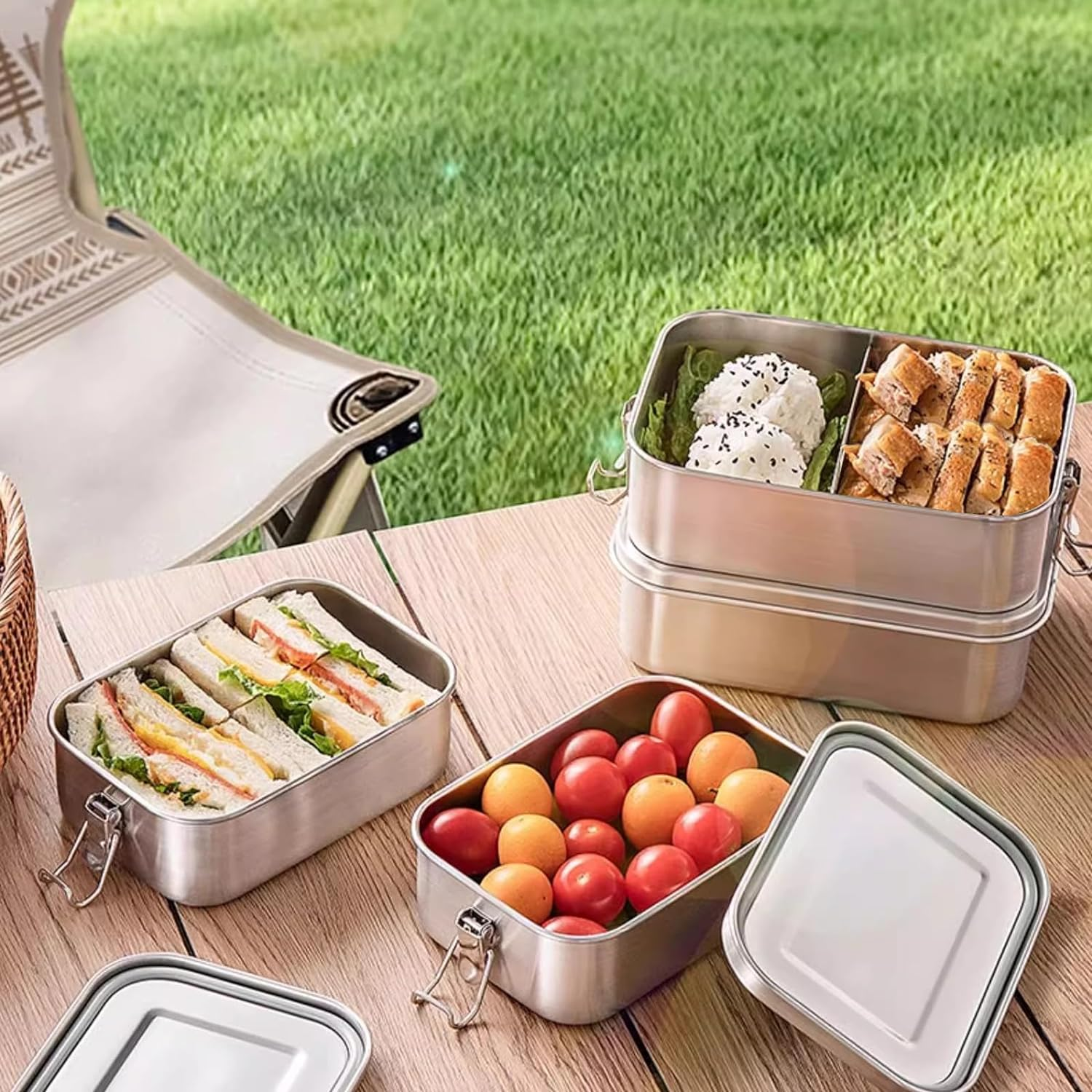 DAITET Leak-Proof Lunch Box Stainless Steel Bento Lunch Food Box Container with Removable Dividers Stainless Lid Lunch Box with Compartments Large Single Layer Rectangular Lunchbox(47Oz) image number 6