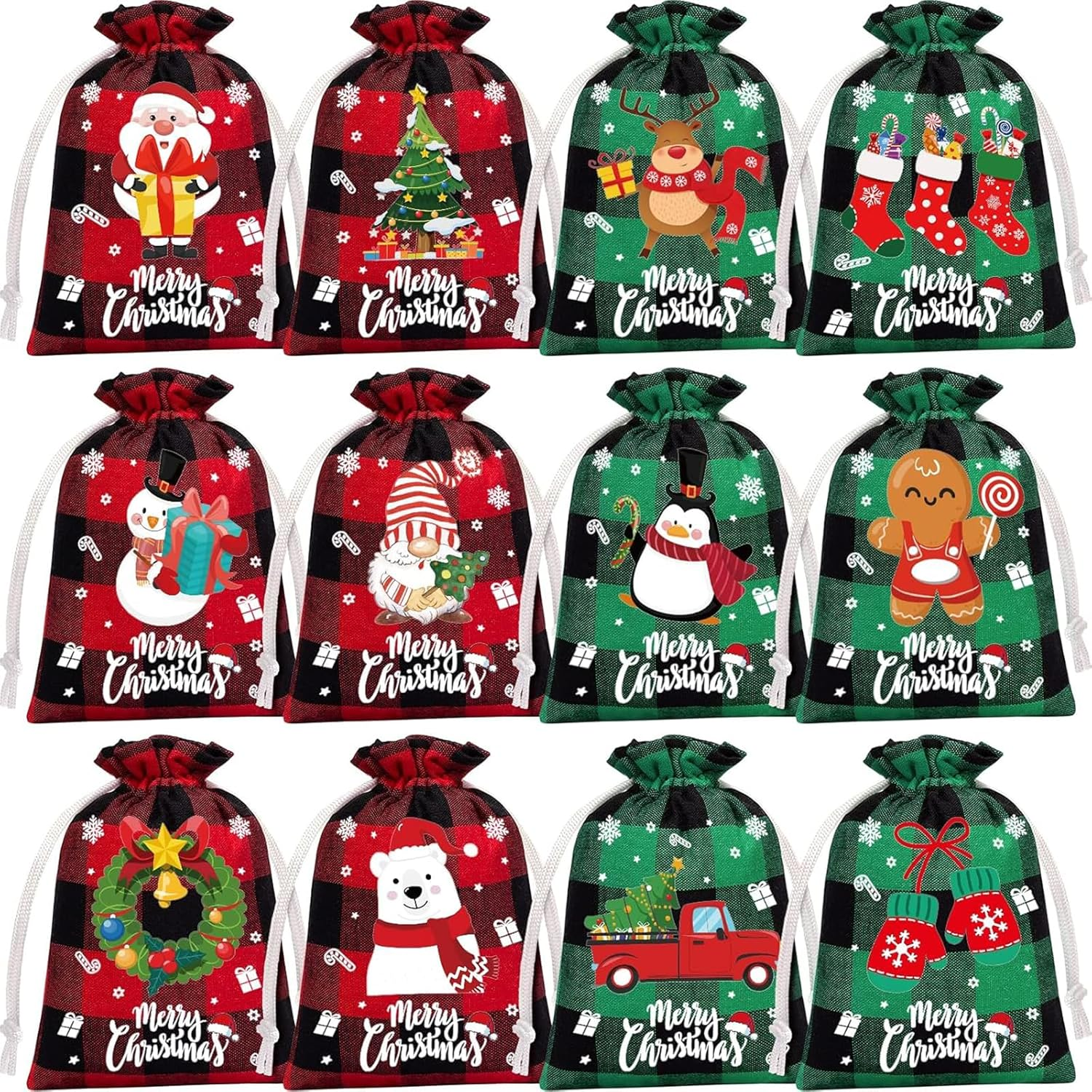 24 Pcs Christmas Jute Burlap Gift Bags with Drawstring, 12 Designs,4X5.5 Inches (10 X 14 Cm) Small Gift Jute Christmas Candy Bags for Christmas Parties and Other Holiday Occasions.