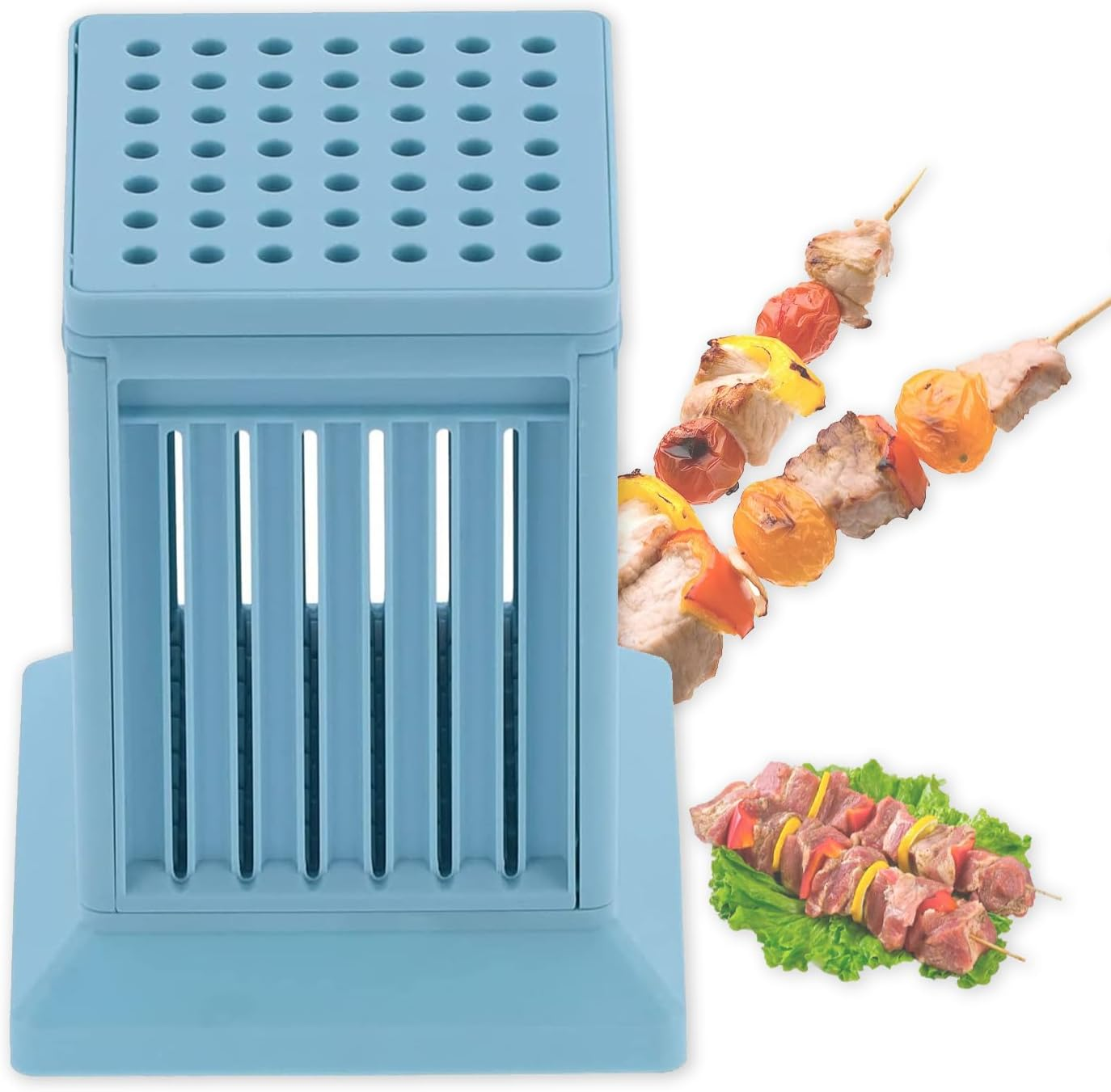 Hapivida 49 Holes Barbecue Skewers Maker, Kebab Making Box Grill Meat Slicers BBQ Skewer Tool, Brochette Maker Kit for Kitchen Outdoor Blue image number 1