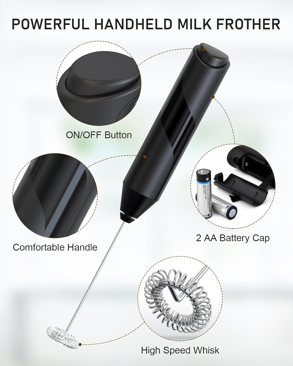 COKUNST Milk Frother Handheld, Battery Powered Drink Mixer for Matcha Coffee, Electric Portable Whisk Drink Mixer Mini Foam Maker for Hot Chocolate Frappe Latte