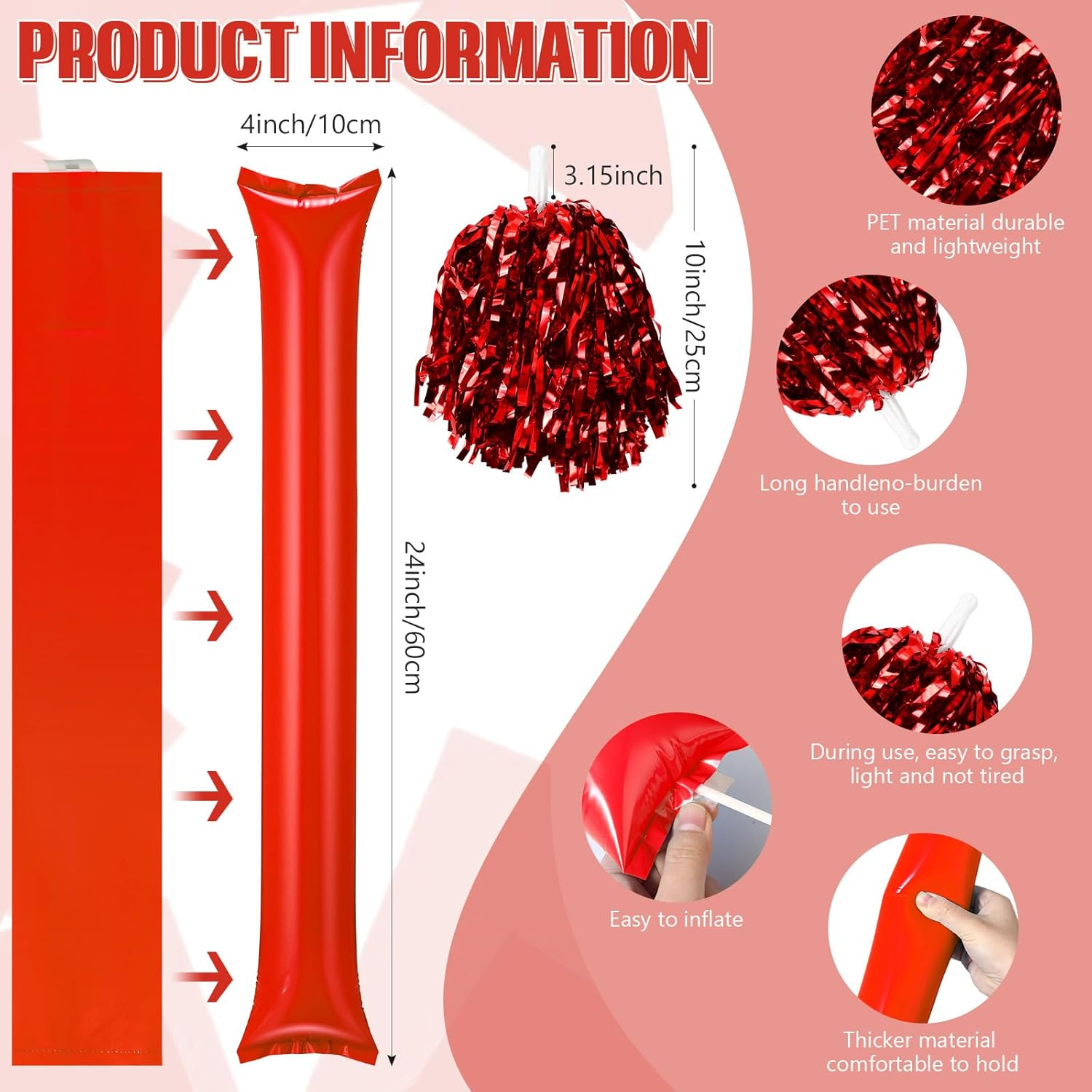 48 Pcs Cheerleading Pom Poms Thunder Sticks Hand Clappers Plastic Whistles with Lanyards Squawker Horns - Biue image number 2