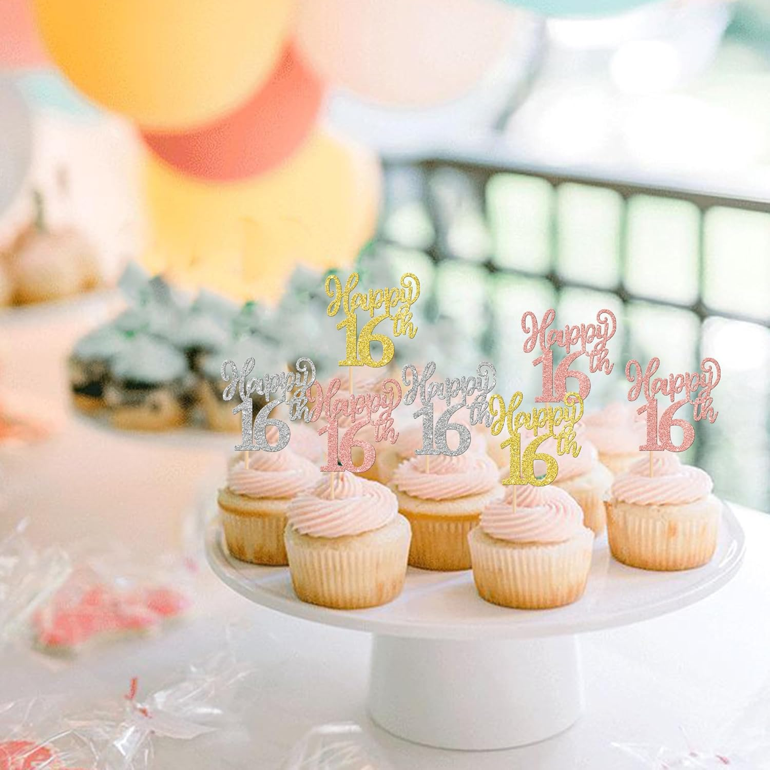 24 Pack Happy 16Th Cupcake Toppers Glitter Sixteen Cheers to 16 Years Number 16 Birthday Cupcake Picks for Happy 16Th Birthday Anniversary Party Cake Decorations Colorful - 21St image number 2